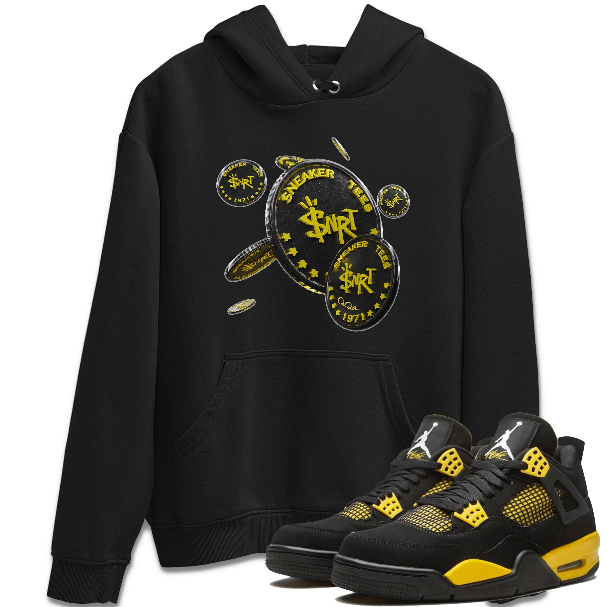 Air Jordan 4 Thunder Sneaker Match Tees Coin Drop Sneaker Tees AJ4 Thunder Jumpman Sneaker Release Tees Unisex Shirts Black 1