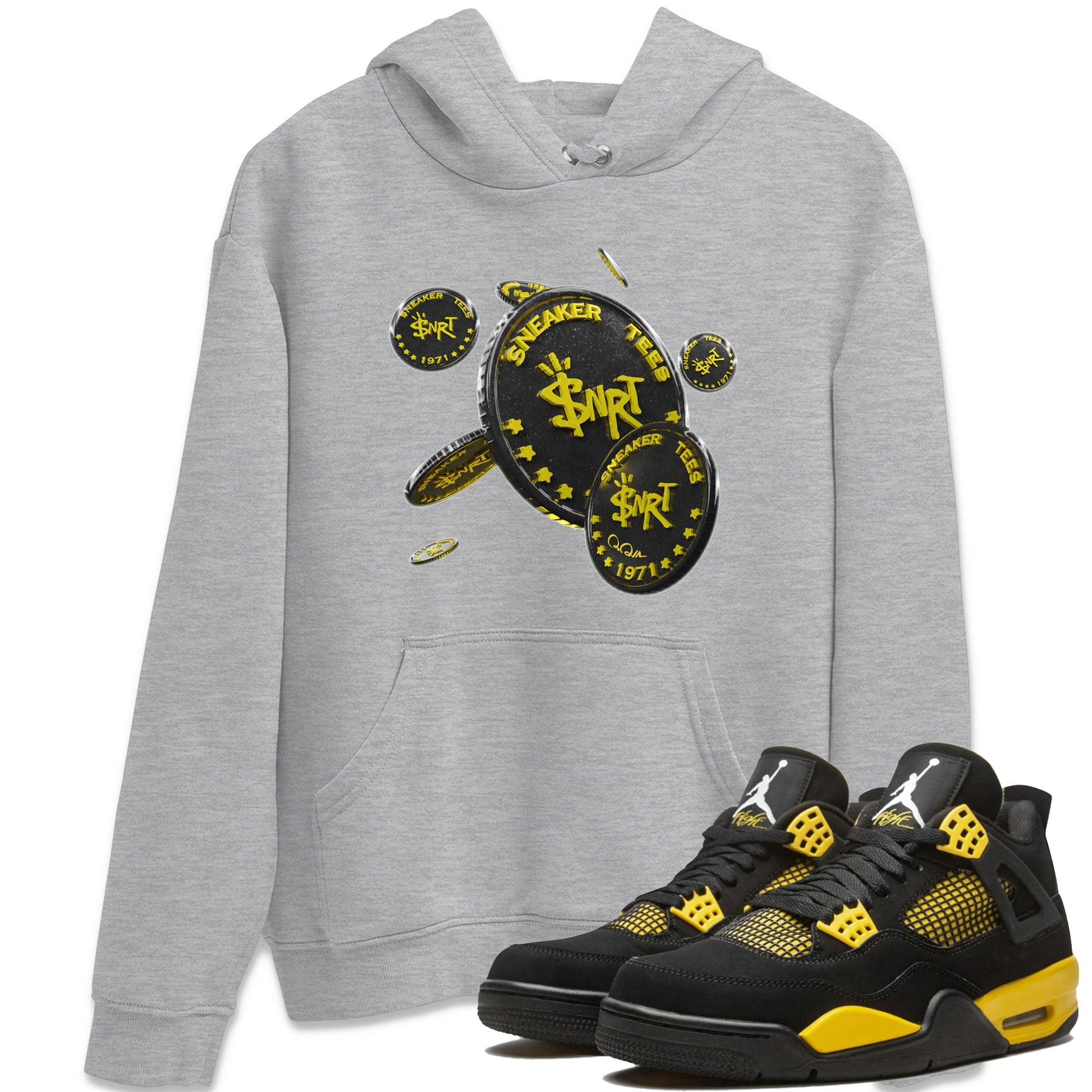 Air Jordan 4 Thunder Sneaker Match Tees Coin Drop Sneaker Tees AJ4 Thunder Jumpman Sneaker Release Tees Unisex Shirts Heather Grey 1