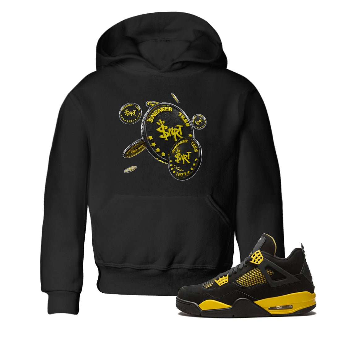 Air Jordan 4 Thunder Sneaker Match Tees Coin Drop Sneaker Tees AJ4 Thunder Jumpman Sneaker Release Tees Kids Shirts Black 1