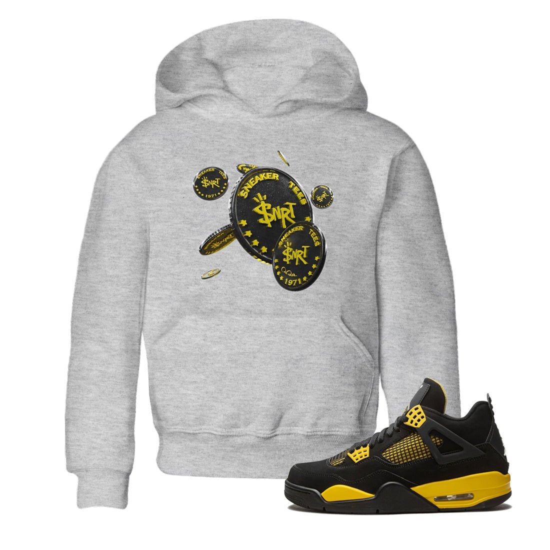 Air Jordan 4 Thunder Sneaker Match Tees Coin Drop Sneaker Tees AJ4 Thunder Jumpman Sneaker Release Tees Kids Shirts Heather Grey 1