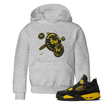 Air Jordan 4 Thunder Sneaker Match Tees Coin Drop Sneaker Tees AJ4 Thunder Jumpman Sneaker Release Tees Kids Shirts Heather Grey 1