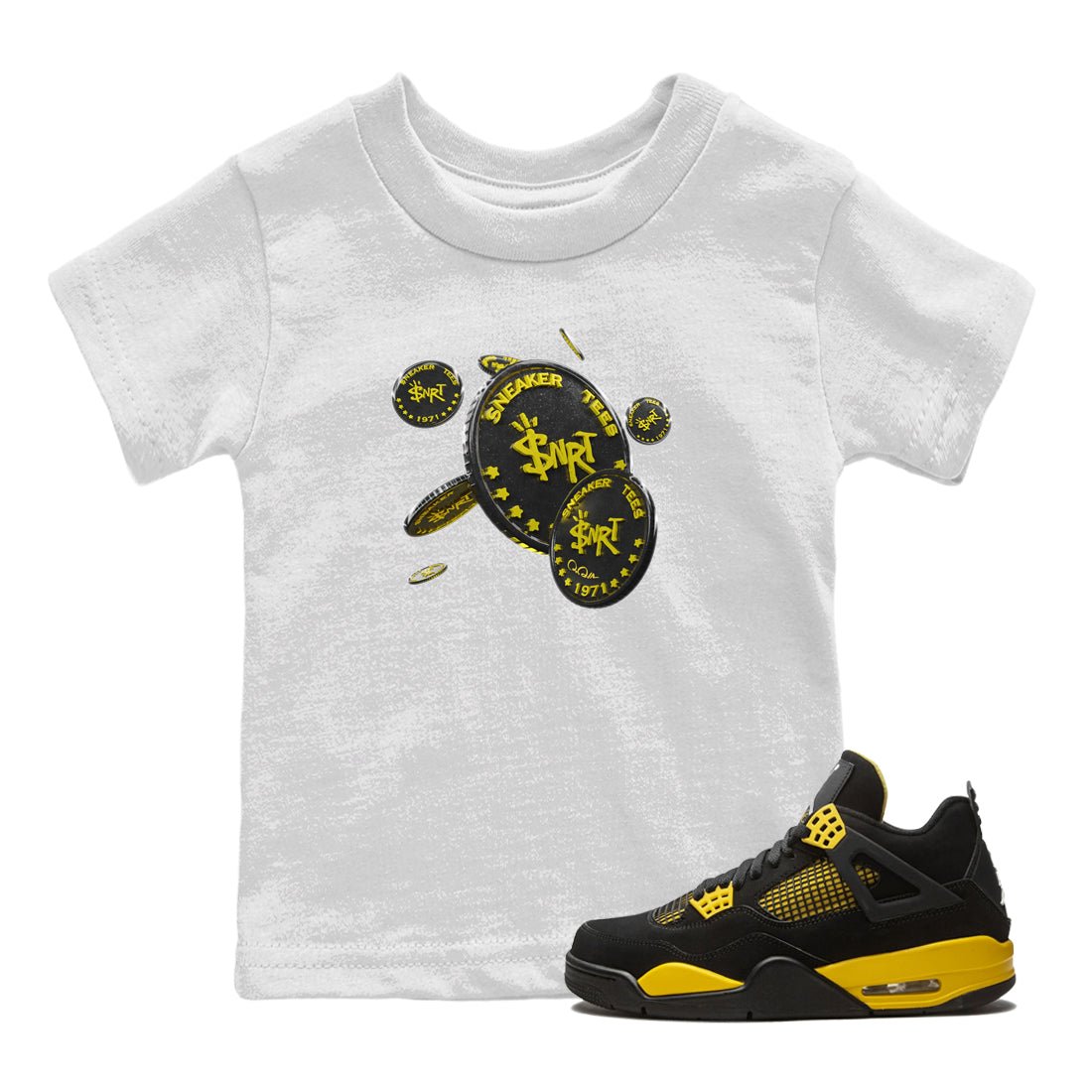 Air Jordan 4 Thunder Sneaker Match Tees Coin Drop Sneaker Tees AJ4 Thunder Jumpman Sneaker Release Tees Kids Shirts White 1