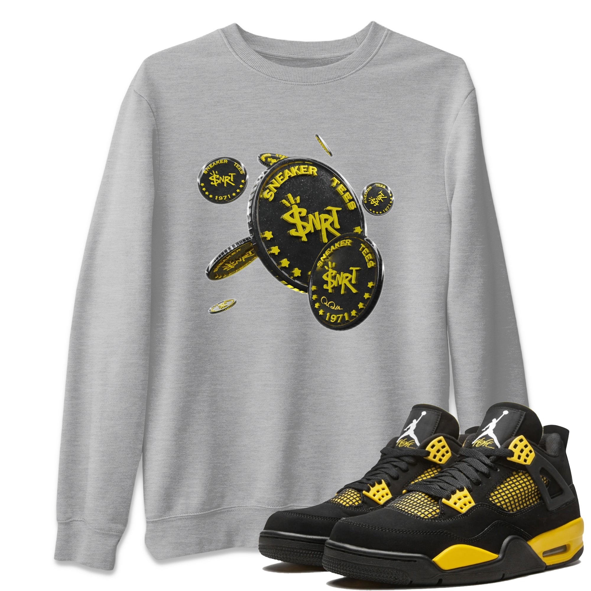 Air Jordan 4 Thunder Sneaker Match Tees Coin Drop Sneaker Tees AJ4 Thunder Jumpman Sneaker Release Tees Unisex Shirts Heather Grey 1
