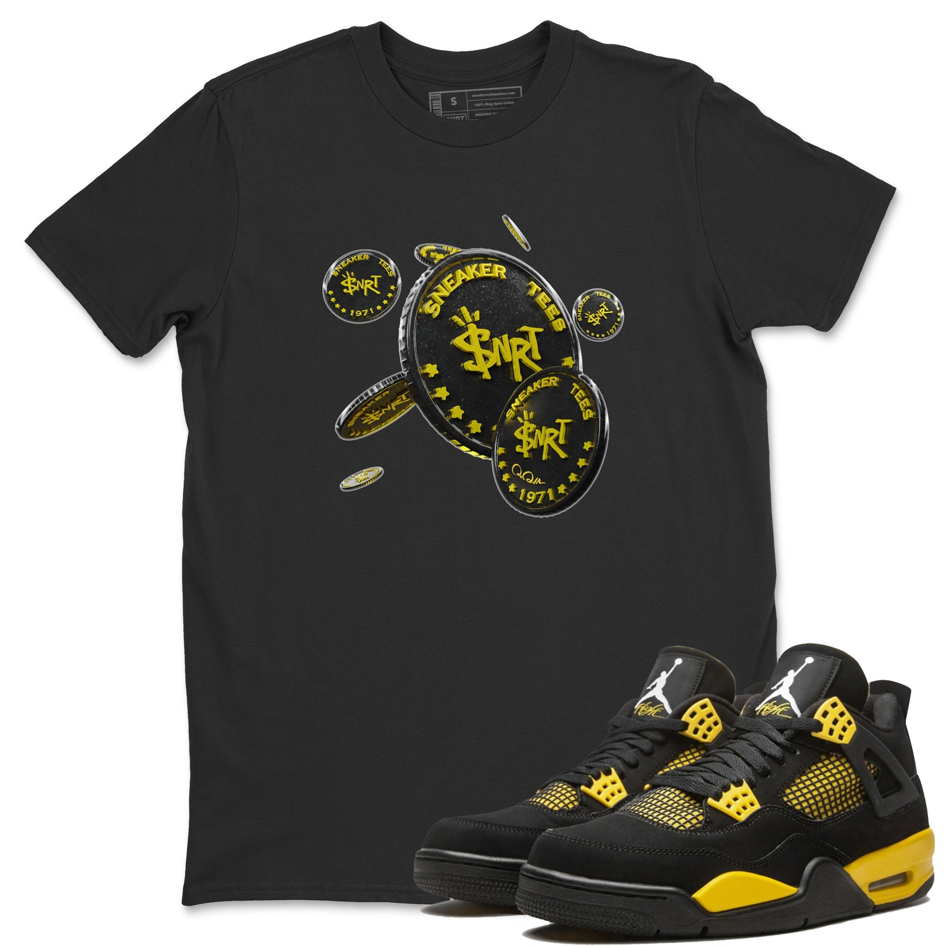 Air Jordan 4 Thunder Sneaker Match Tees Coin Drop Sneaker Tees AJ4 Thunder Jumpman Sneaker Release Tees Unisex Shirts Black 1