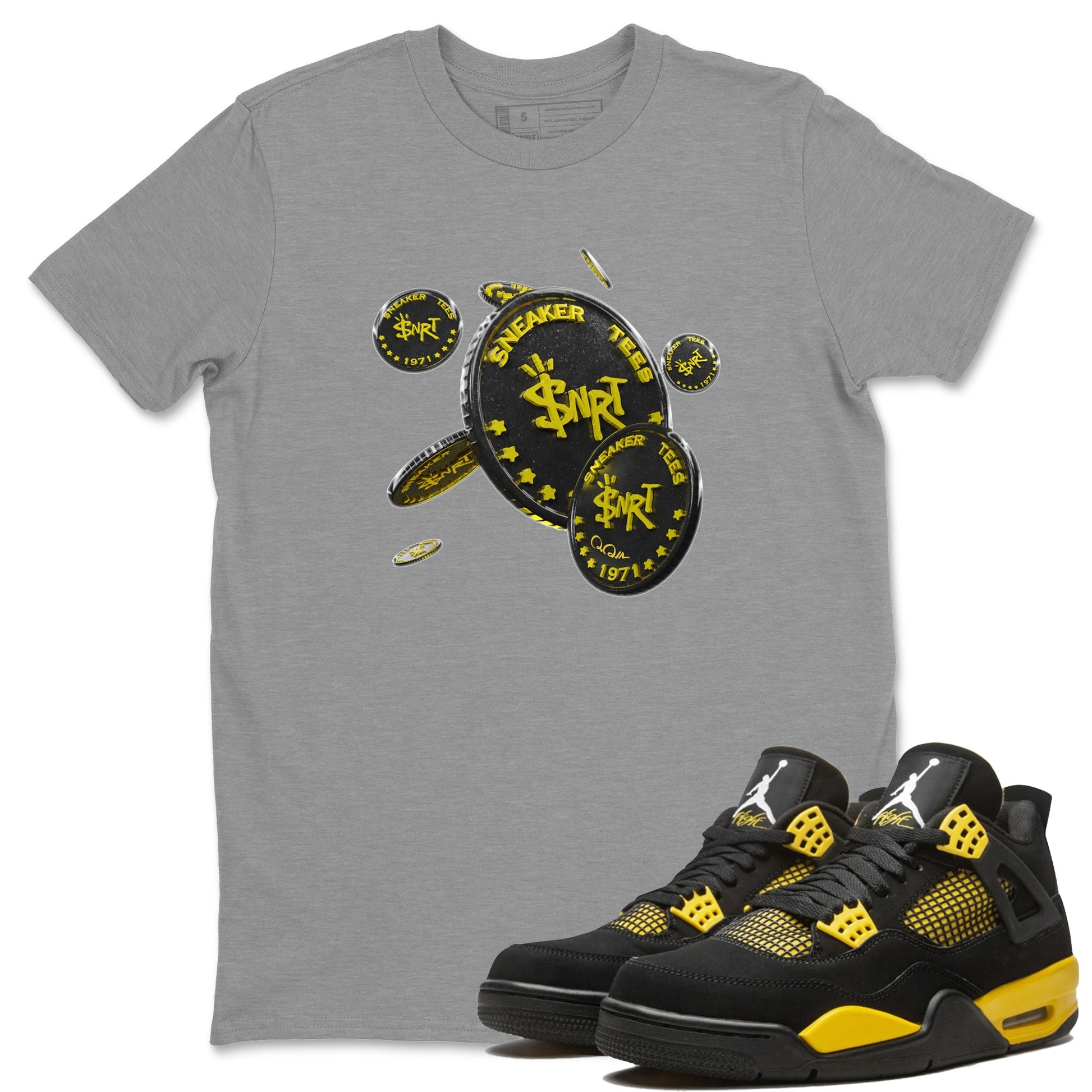 Air Jordan 4 Thunder Sneaker Match Tees Coin Drop Sneaker Tees AJ4 Thunder Jumpman Sneaker Release Tees Unisex Shirts Heather Grey 1