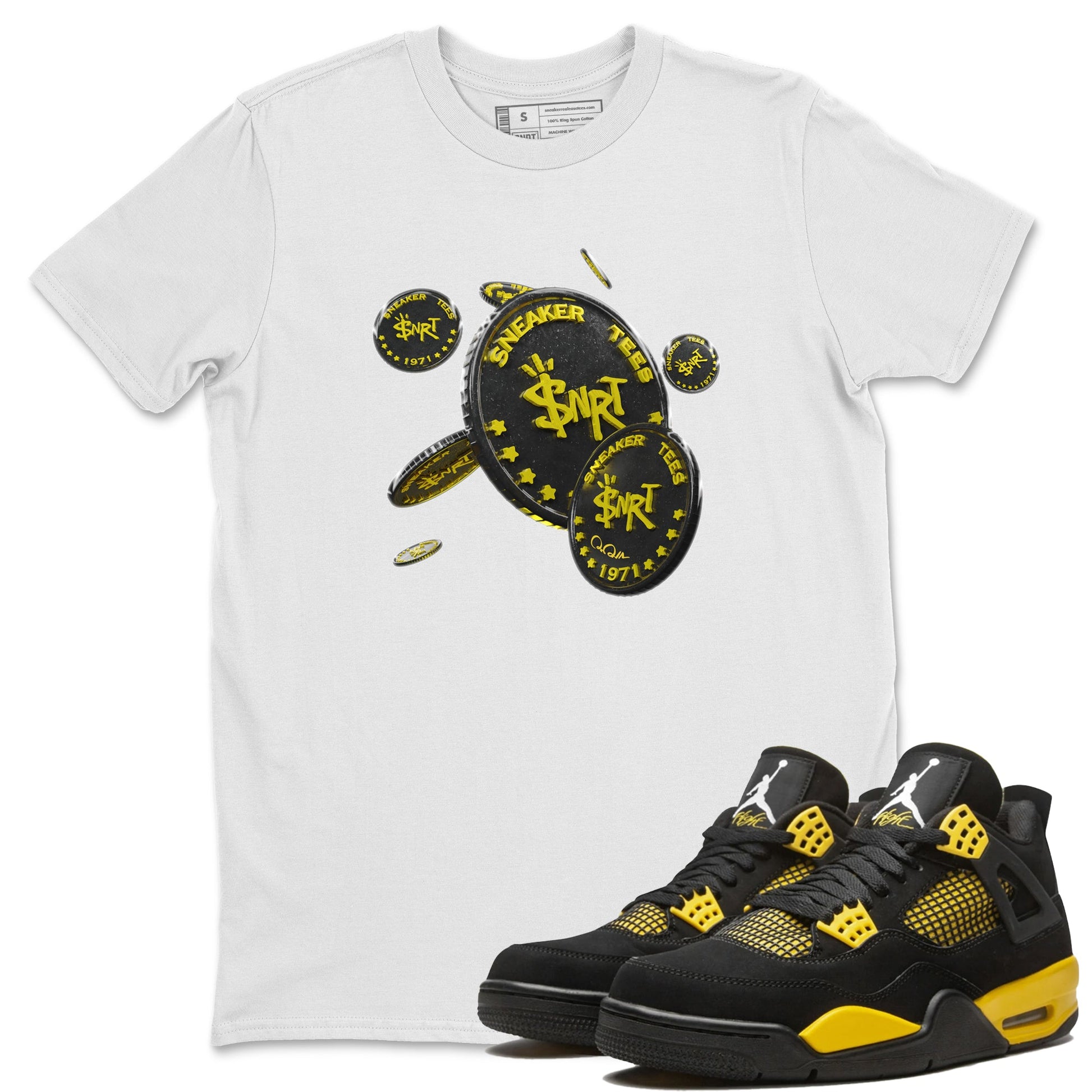 Air Jordan 4 Thunder Sneaker Match Tees Coin Drop Sneaker Tees AJ4 Thunder Jumpman Sneaker Release Tees Unisex Shirts White 1