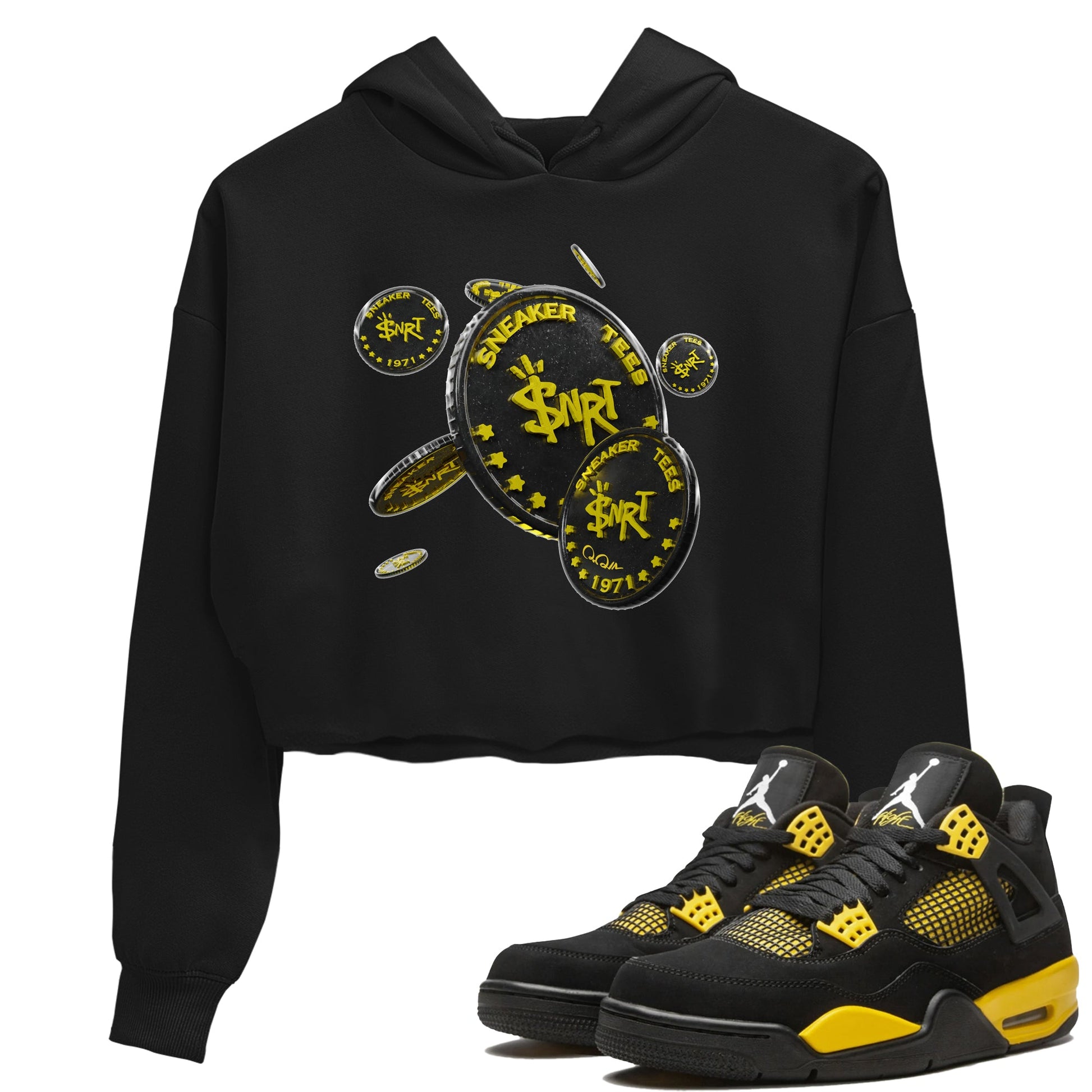 Air Jordan 4 Thunder Sneaker Match Tees Coin Drop Sneaker Tees AJ4 Thunder Jumpman Sneaker Release Tees Women's Shirts Black 1