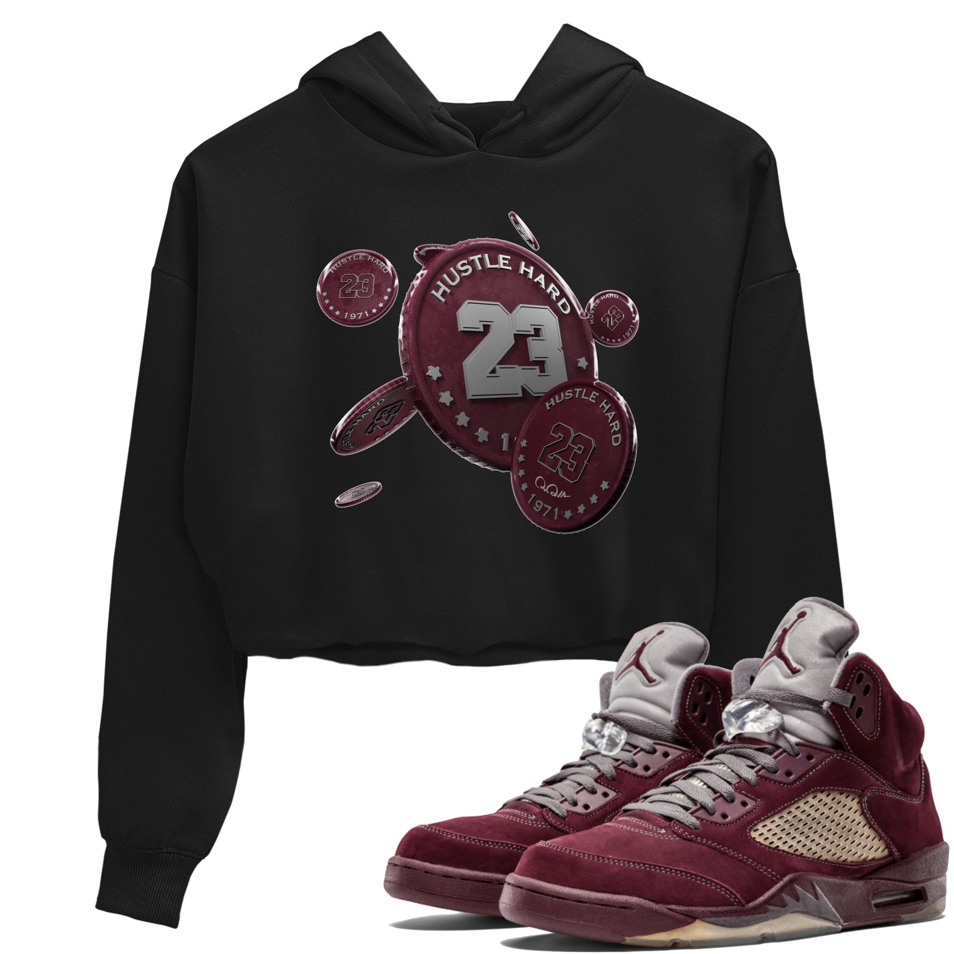 Air Jordan 5 Burgundy Sneaker Match Tees Coin Drop Sneaker Tees AJ5 Burgundy Sneaker Release Tees Women's Shirts Black 1