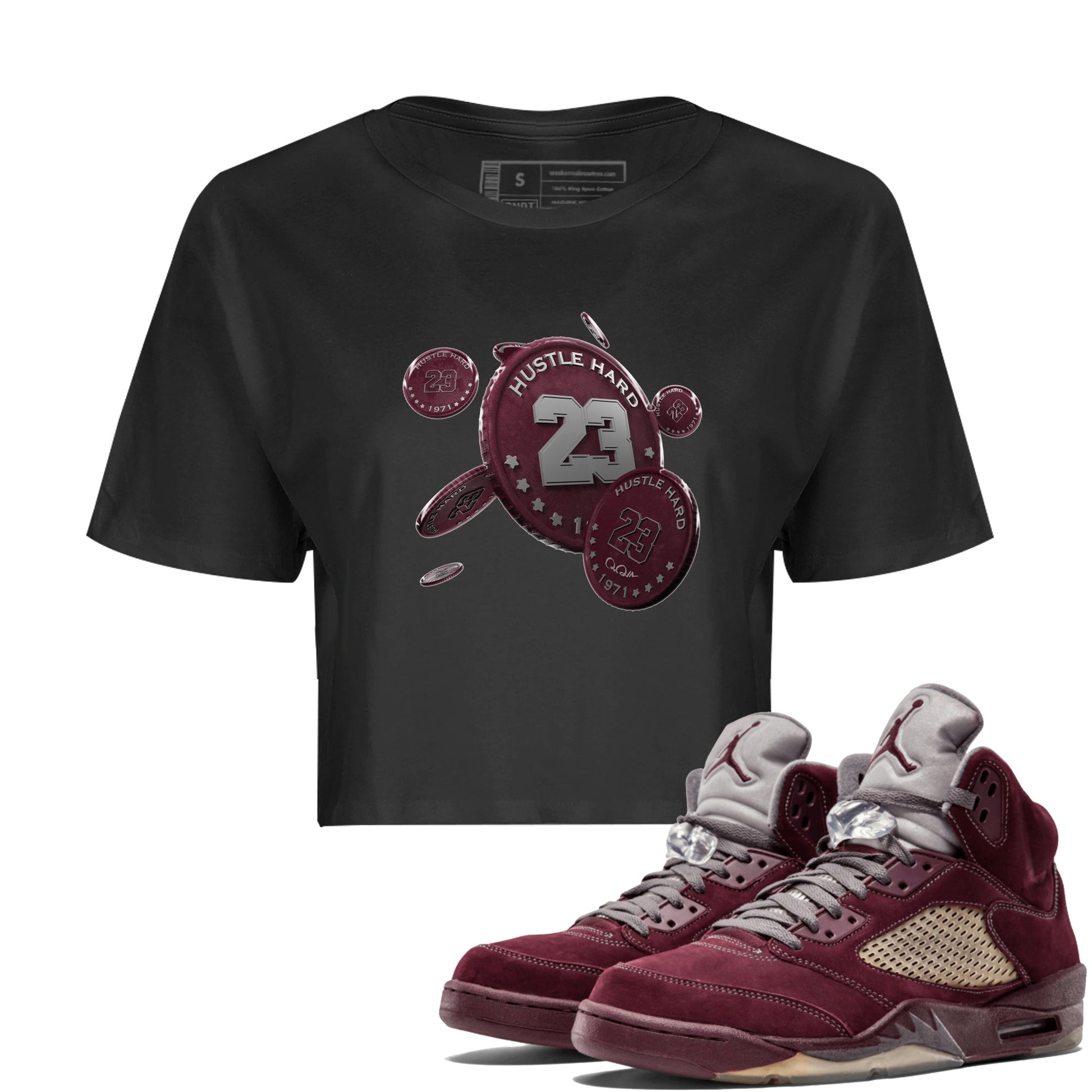 Air Jordan 5 Burgundy Sneaker Match Tees Coin Drop Sneaker Tees AJ5 Burgundy Sneaker Release Tees Women's Shirts Black 1
