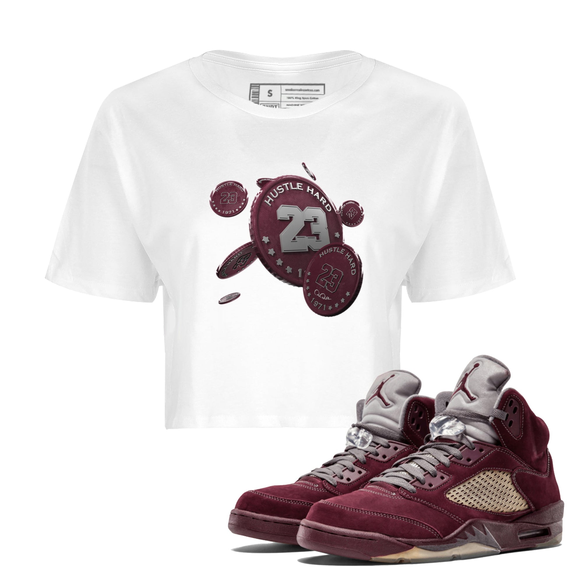 Air Jordan 5 Burgundy Sneaker Match Tees Coin Drop Sneaker Tees AJ5 Burgundy Sneaker Release Tees Women's Shirts White 1