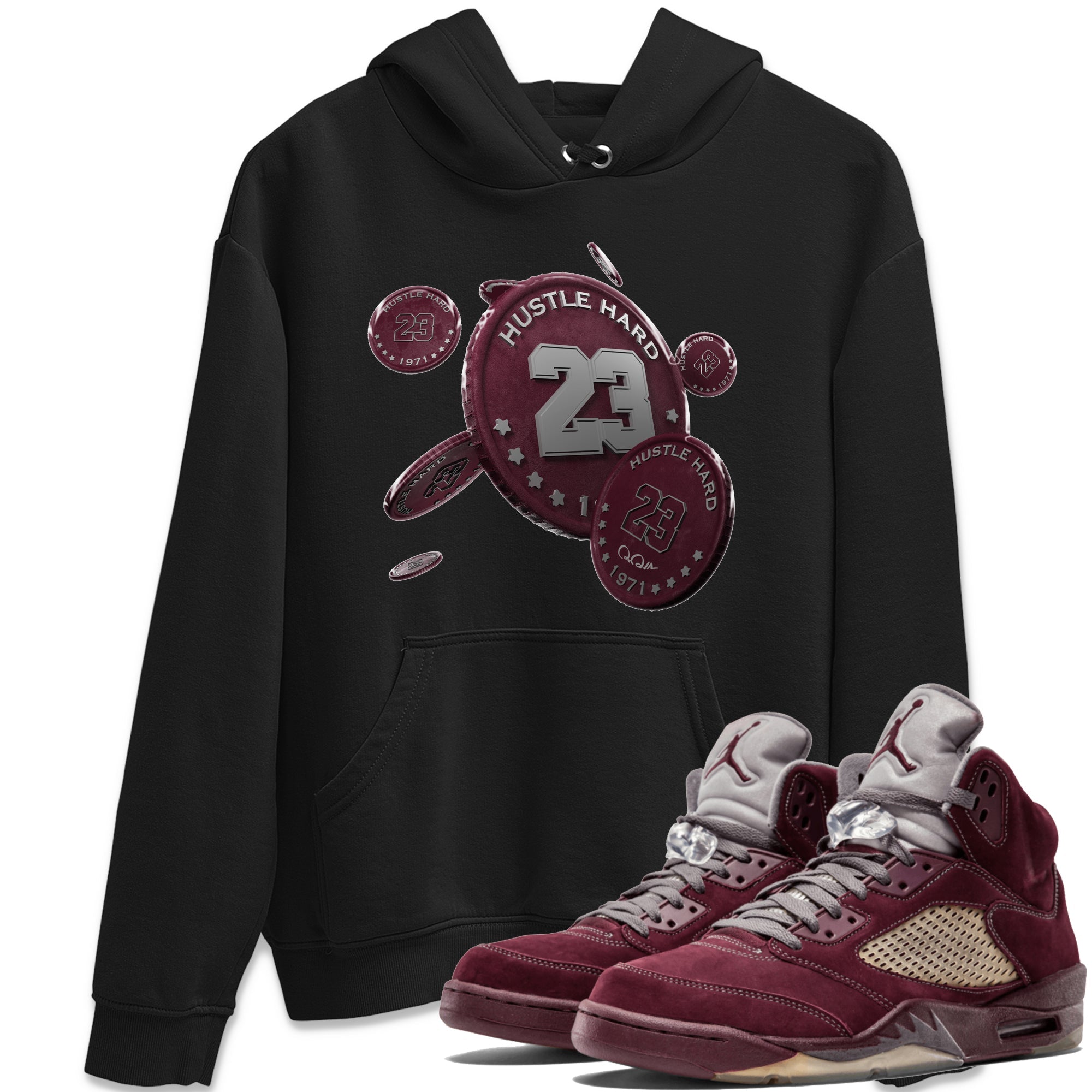 Air Jordan 5 Burgundy Sneaker Match Tees Coin Drop Sneaker Tees AJ5 Burgundy Sneaker Release Tees Unisex Shirts Black 1