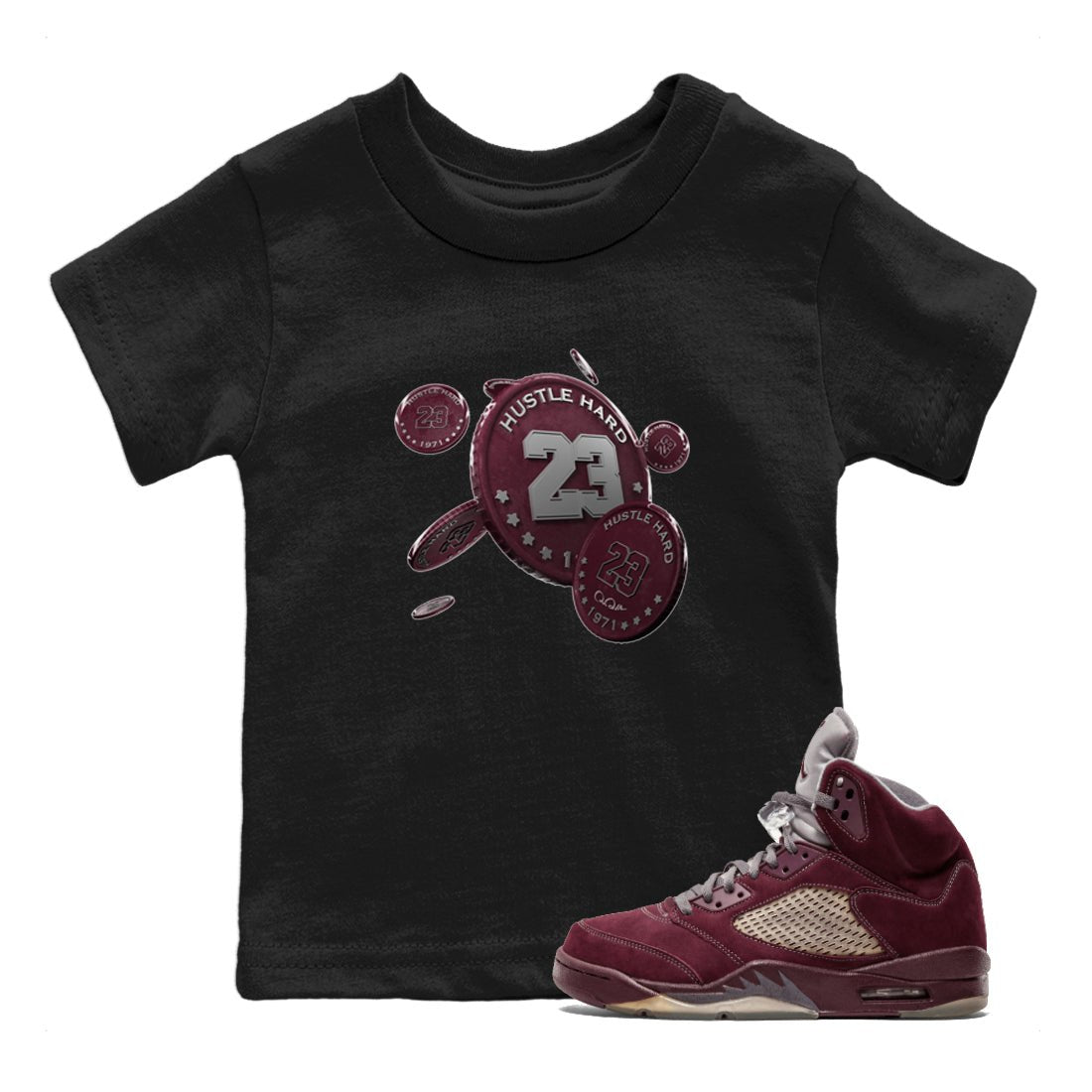 Air Jordan 5 Burgundy Sneaker Match Tees Coin Drop Sneaker Tees AJ5 Burgundy Sneaker Release Tees Kids Shirts Black 1