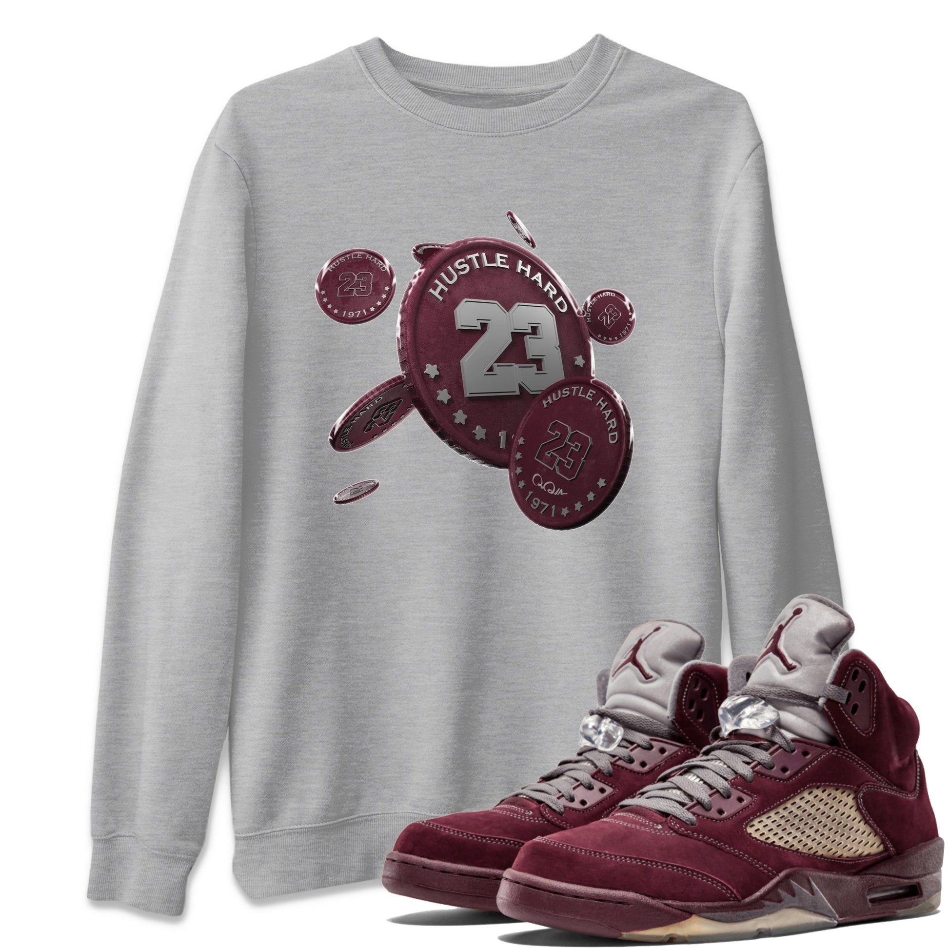 Air Jordan 5 Burgundy Sneaker Match Tees Coin Drop Sneaker Tees AJ5 Burgundy Sneaker Release Tees Unisex Shirts Heather Grey 1