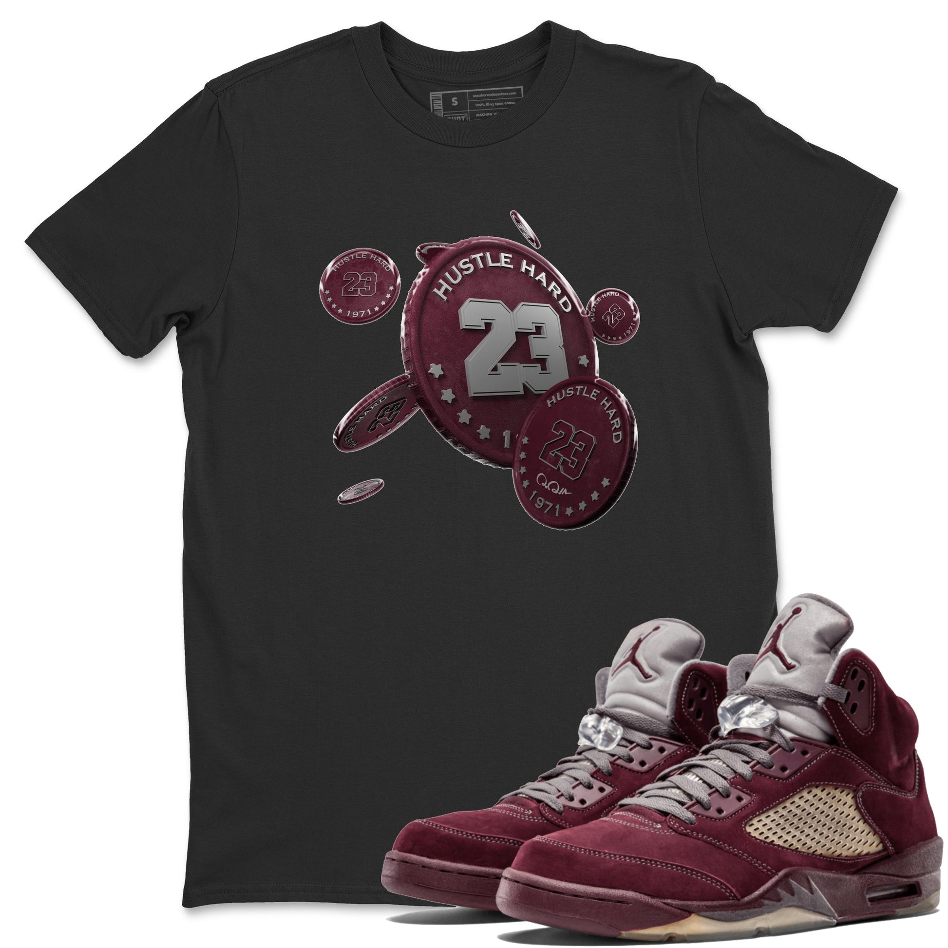 Air Jordan 5 Burgundy Sneaker Match Tees Coin Drop Sneaker Tees AJ5 Burgundy Sneaker Release Tees Unisex Shirts Black 1