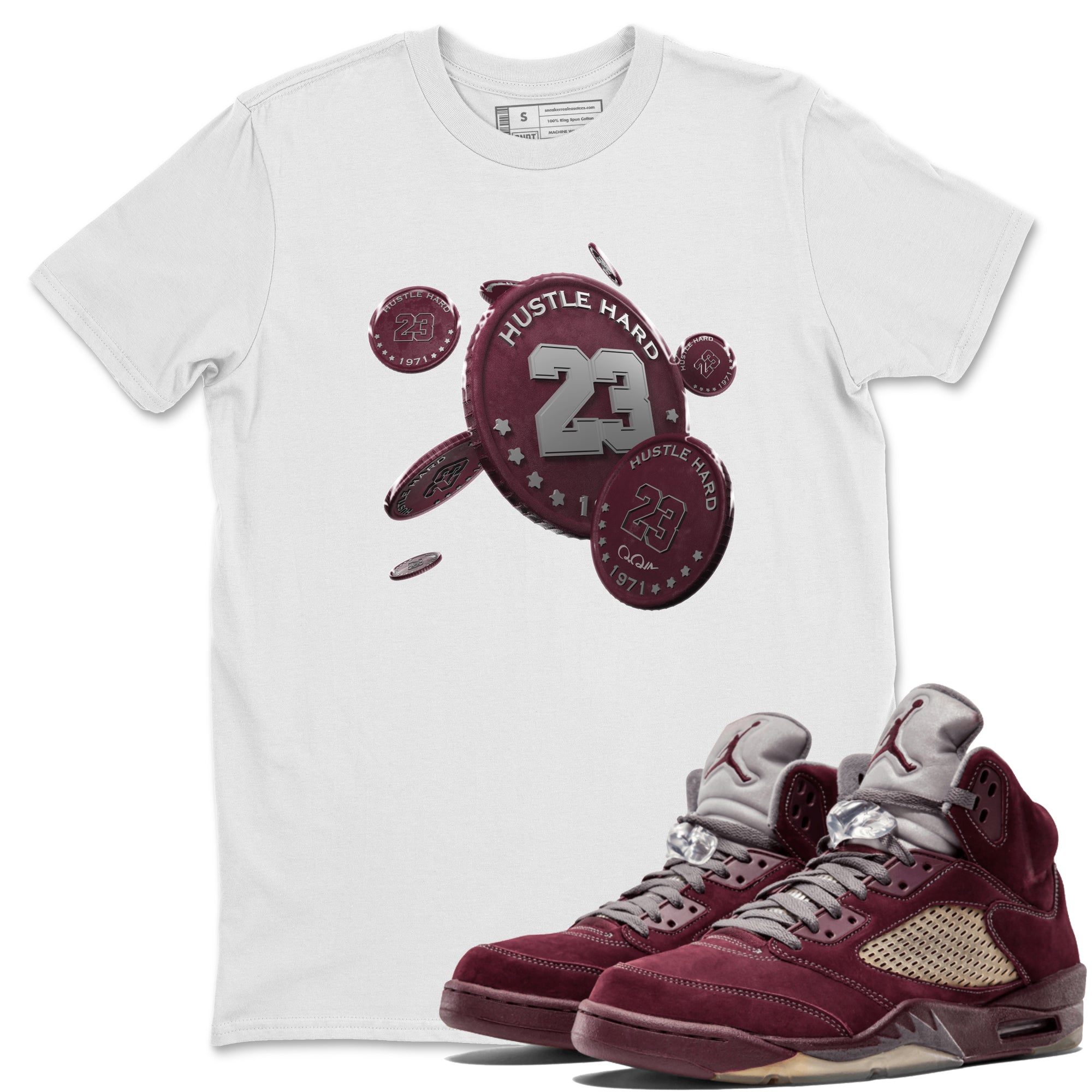 Air Jordan 5 Burgundy Sneaker Match Tees Coin Drop Sneaker Tees AJ5 Burgundy Sneaker Release Tees Unisex Shirts White 1
