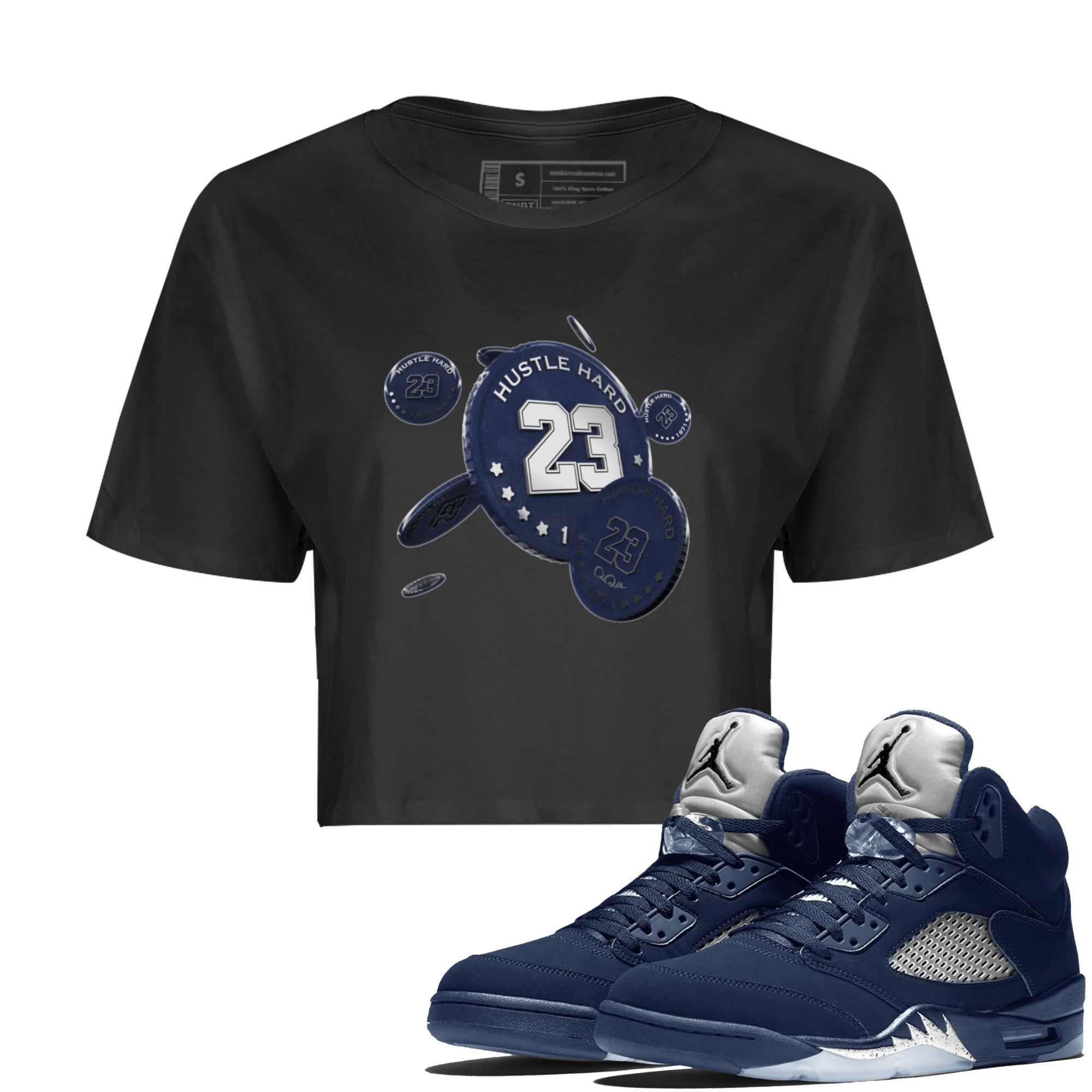 Air Jordan 5 Georgetown Sneaker Match Tees Coin Drop Sneaker Tees AJ5 Georgetown Sneaker Release Tees Women's Shirts Black 1