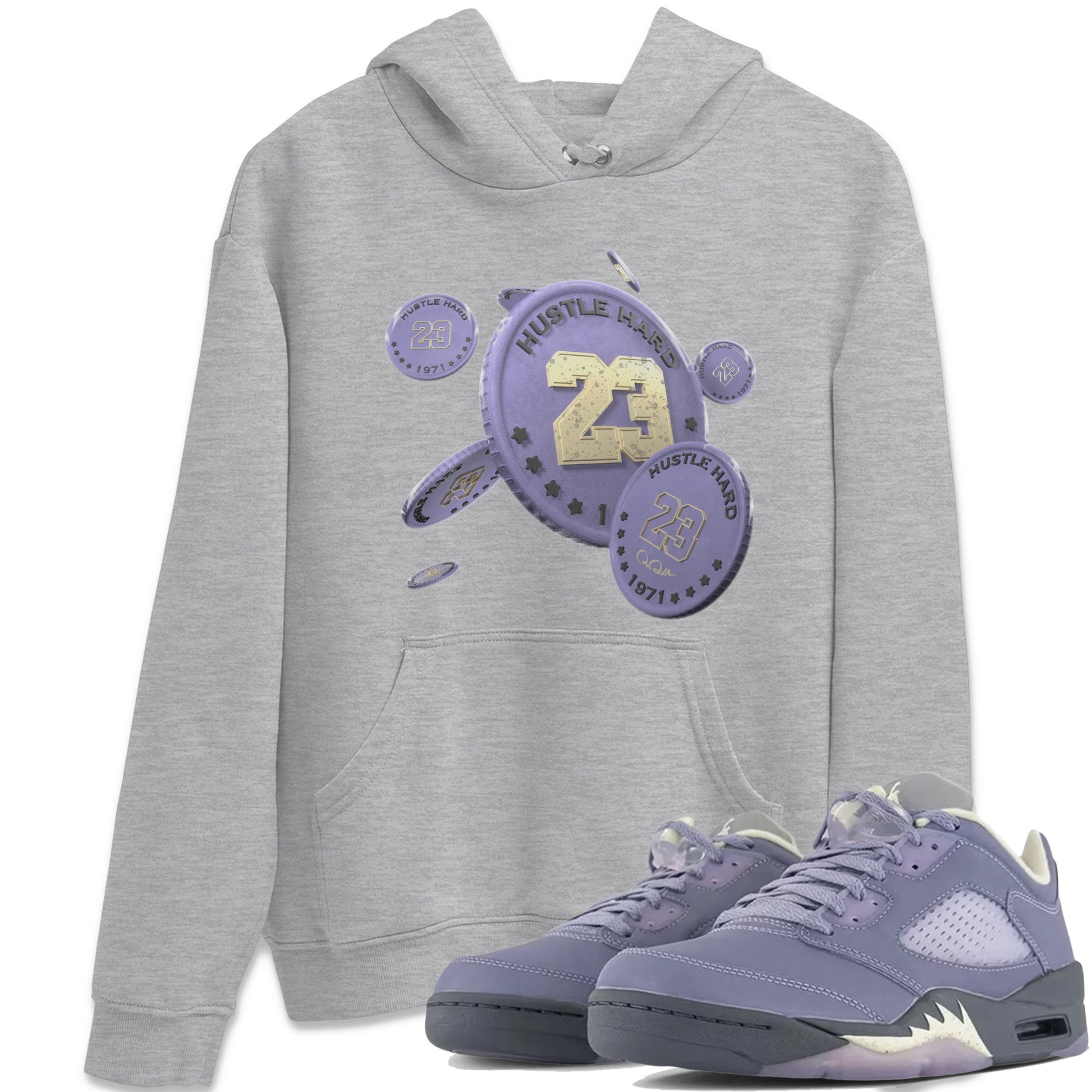 Air Jordan 5 Indigo Haze Sneaker Match Tees Coin Drop Sneaker Tees AJ5 Indigo Haze Sneaker Release Tees Unisex Shirts Heather Grey 1