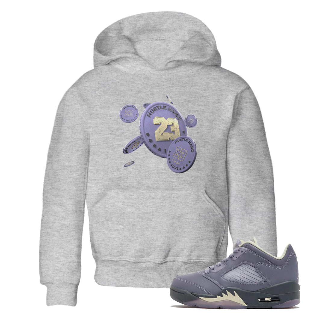 Air Jordan 5 Indigo Haze Sneaker Match Tees Coin Drop Sneaker Tees AJ5 Indigo Haze Sneaker Release Tees Kids Shirts Heather Grey 1