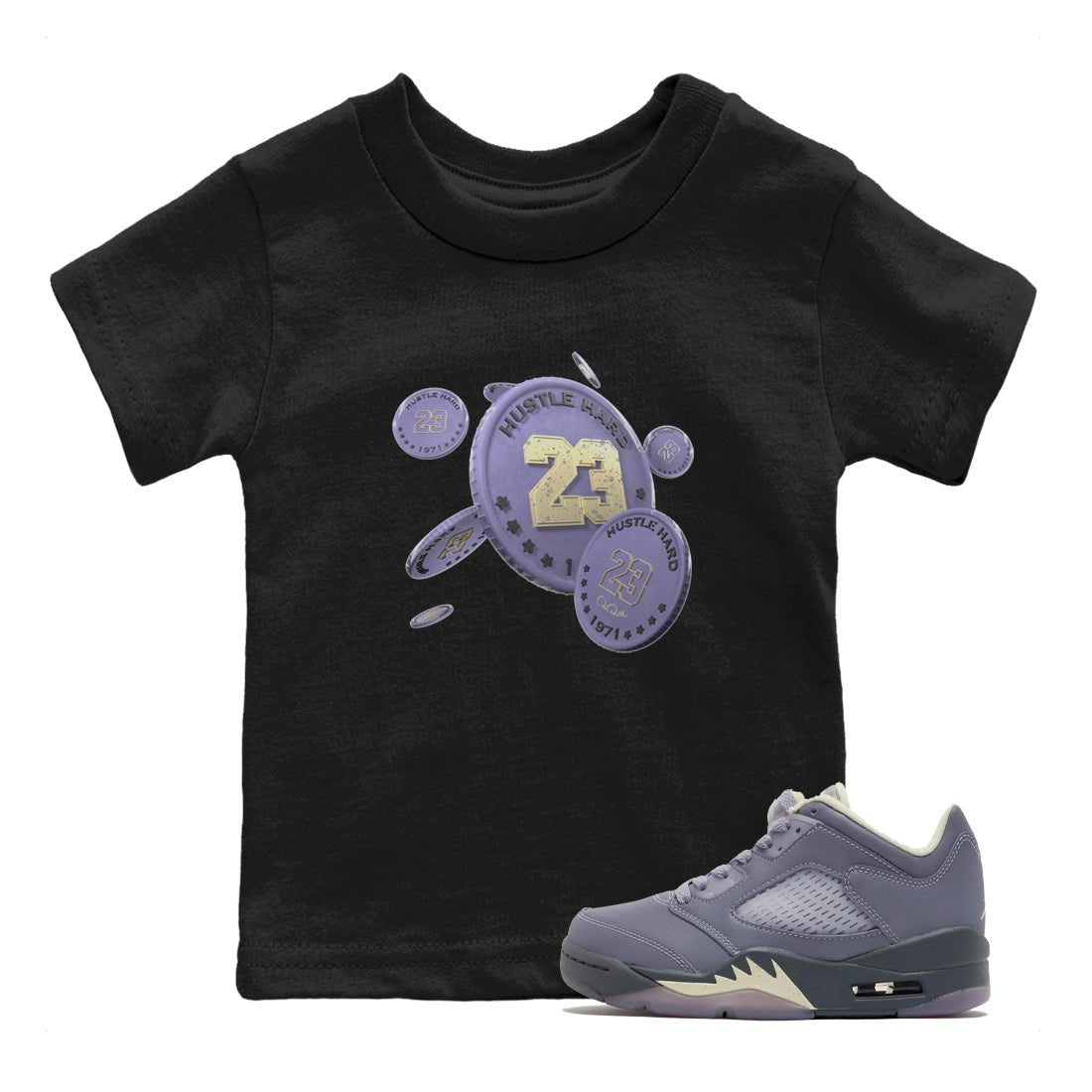 Air Jordan 5 Indigo Haze Sneaker Match Tees Coin Drop Sneaker Tees AJ5 Indigo Haze Sneaker Release Tees Kids Shirts Black 1