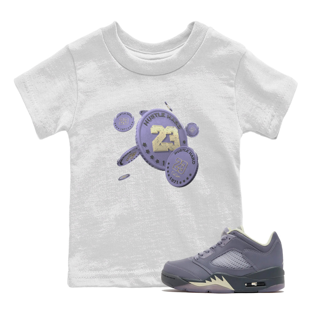 Air Jordan 5 Indigo Haze Sneaker Match Tees Coin Drop Sneaker Tees AJ5 Indigo Haze Sneaker Release Tees Kids Shirts White 1