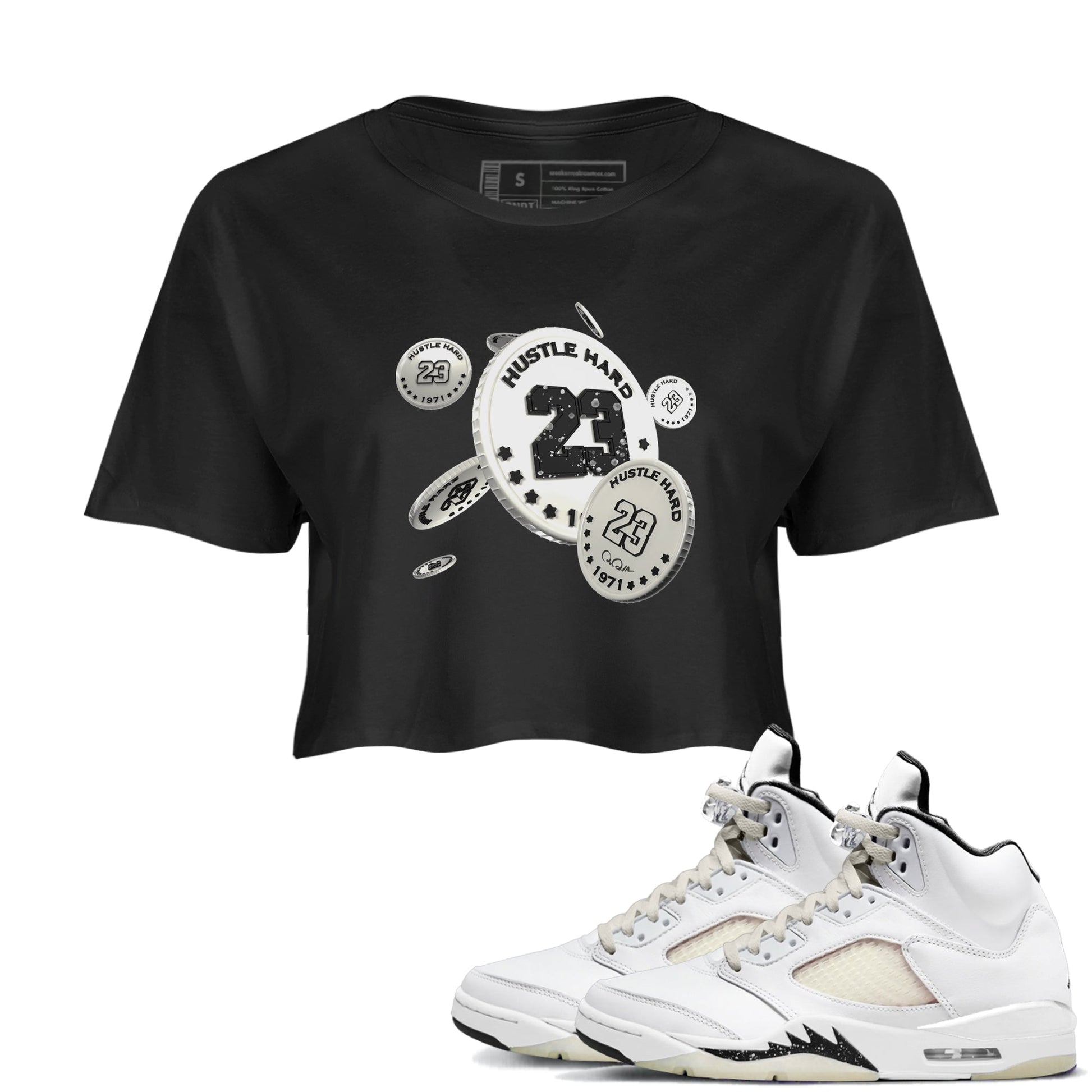 5s Sail shirt to match jordans Coin Drop sneaker tees Air Jordan 5 Sail SNRT Sneaker Release Tees Black 1 crop length shirt
