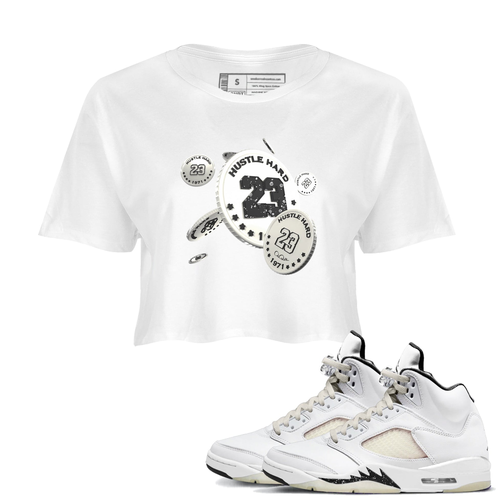5s Sail shirt to match jordans Coin Drop sneaker tees Air Jordan 5 Sail SNRT Sneaker Release Tees White 1 crop length shirt