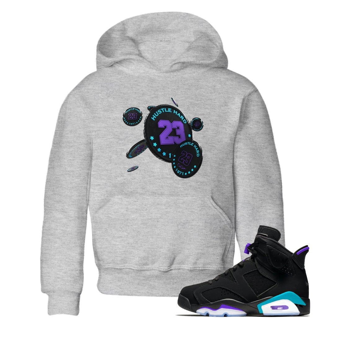 Air Jordan 6 Aqua Sneaker Match Tees Coin Drop Sneaker Tees AJ6 Aqua Sneaker Release Tees Kids Shirts Heather Grey 1