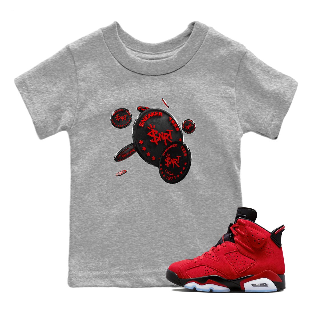 Air Jordan 6 Toro Bravo Sneaker Match Tees Coin Drop Sneaker Tees 3D Graphic Design Shirts AJ6 Toro Bravo Sneaker Release Tees Kids Shirts Heather Grey 1