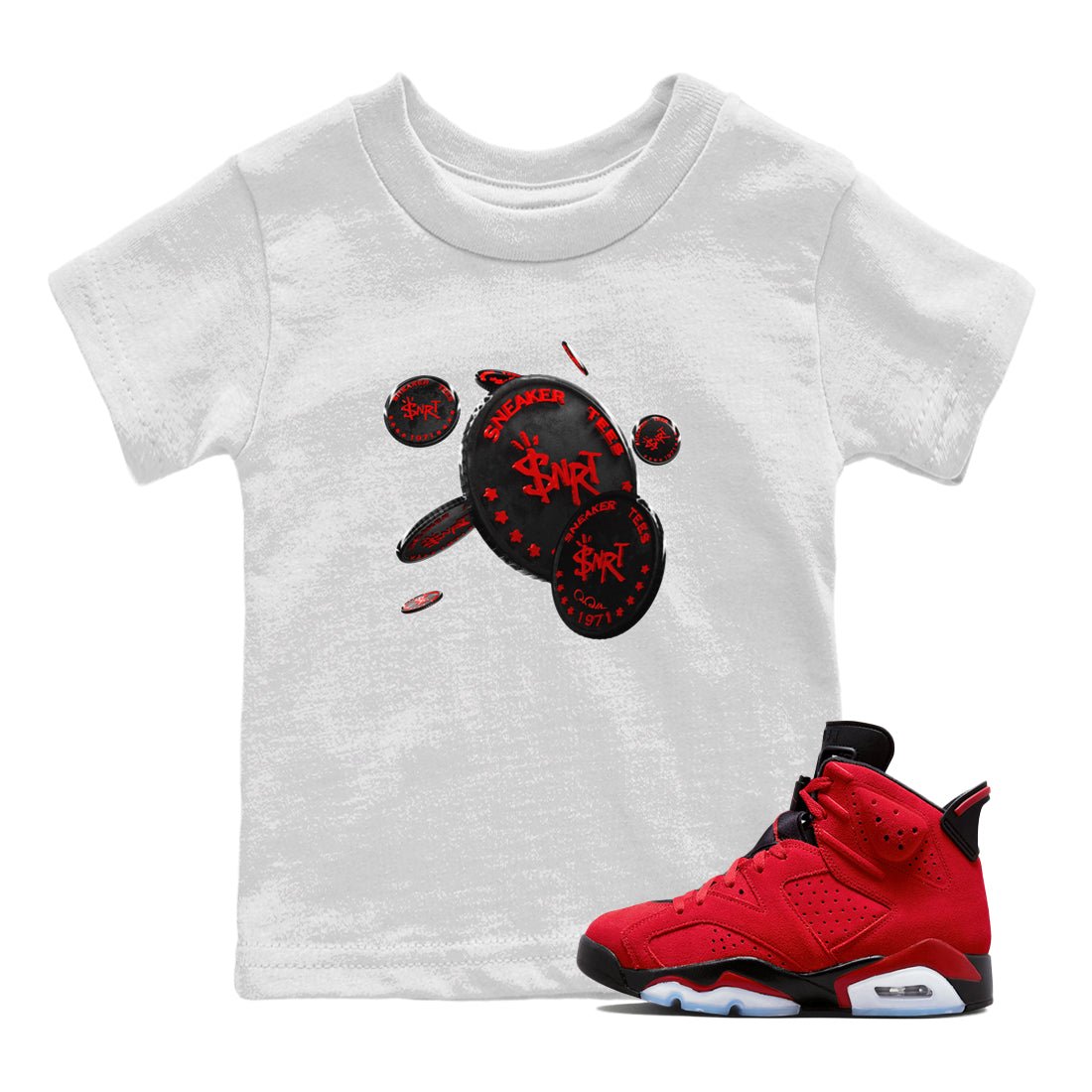 Air Jordan 6 Toro Bravo Sneaker Match Tees Coin Drop Sneaker Tees 3D Graphic Design Shirts AJ6 Toro Bravo Sneaker Release Tees Kids Shirts White 1