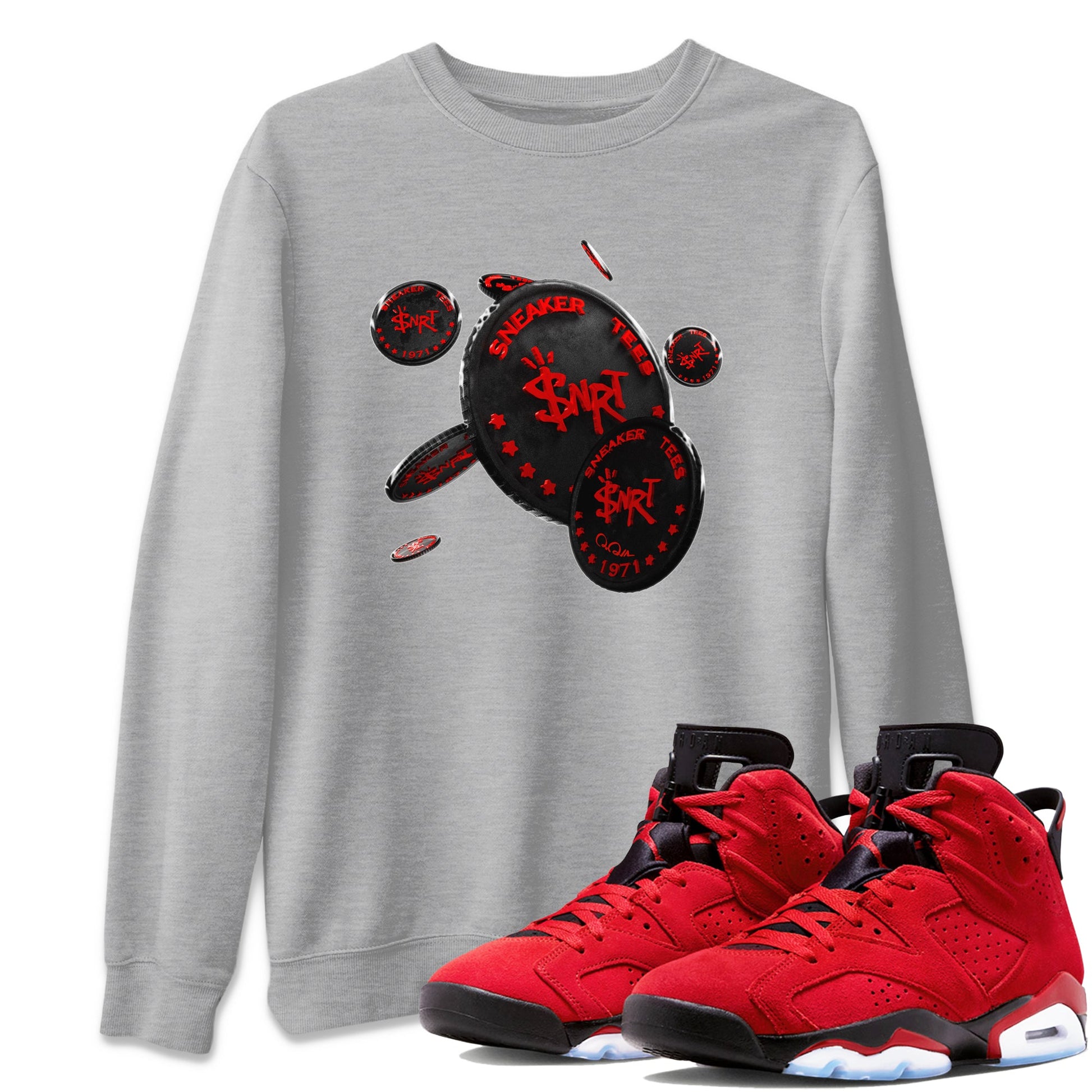 Air Jordan 6 Toro Bravo Sneaker Match Tees Coin Drop Sneaker Tees 3D Graphic Design Shirts AJ6 Toro Bravo Sneaker Release Tees Unisex Shirts Heather Grey 1