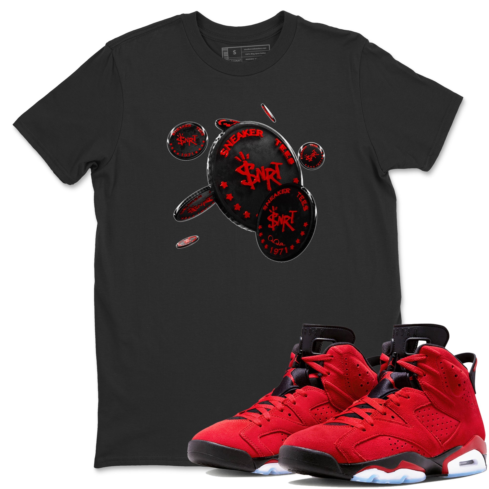 Air Jordan 6 Toro Bravo Sneaker Match Tees Coin Drop Sneaker Tees 3D Graphic Design Shirts AJ6 Toro Bravo Sneaker Release Tees Unisex Shirts Black 1