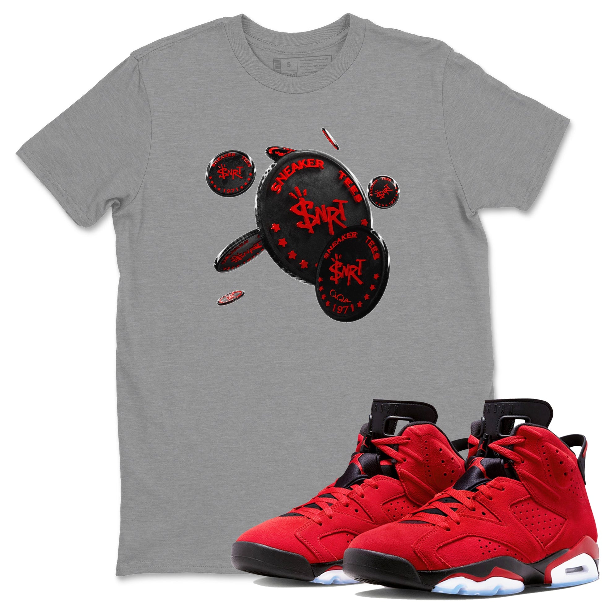 Air Jordan 6 Toro Bravo Sneaker Match Tees Coin Drop Sneaker Tees 3D Graphic Design Shirts AJ6 Toro Bravo Sneaker Release Tees Unisex Shirts Heather Grey 1