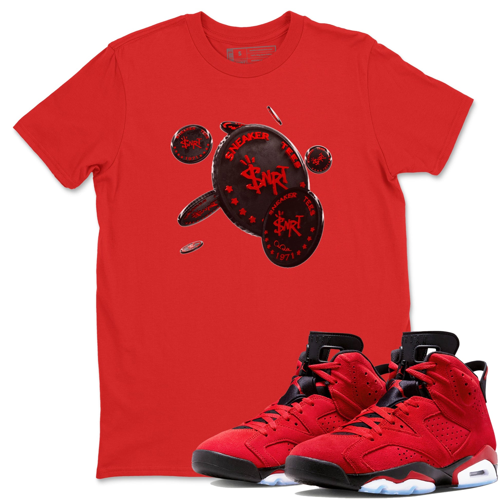 Air Jordan 6 Toro Bravo Sneaker Match Tees Coin Drop Sneaker Tees 3D Graphic Design Shirts AJ6 Toro Bravo Sneaker Release Tees Unisex Shirts Red 1