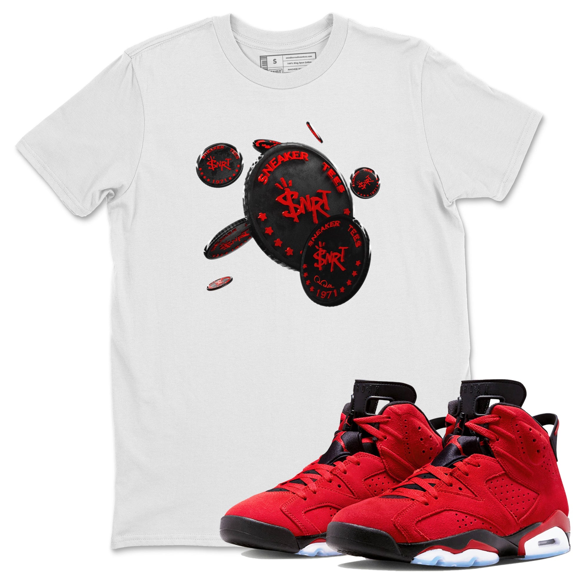Air Jordan 6 Toro Bravo Sneaker Match Tees Coin Drop Sneaker Tees 3D Graphic Design Shirts AJ6 Toro Bravo Sneaker Release Tees Unisex Shirts White 1