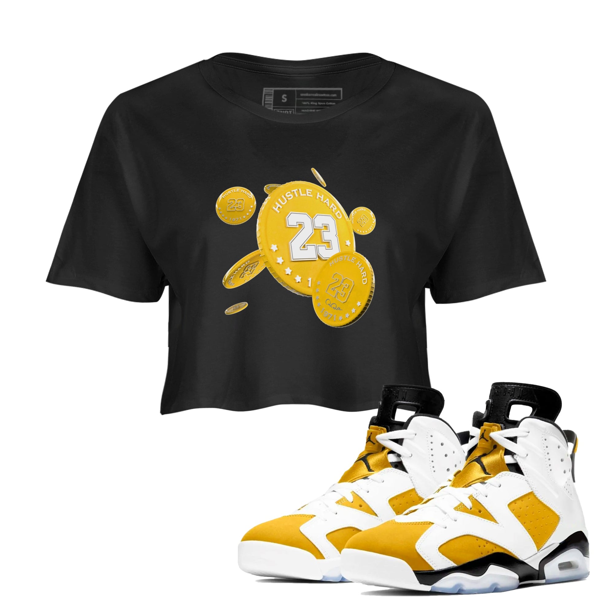 6s Yellow Ochre shirt to match jordans Coin Drop sneaker tees Air Jordan 6 Yellow Ochre SNRT Sneaker Release Tees Black 1 Crop T-Shirt