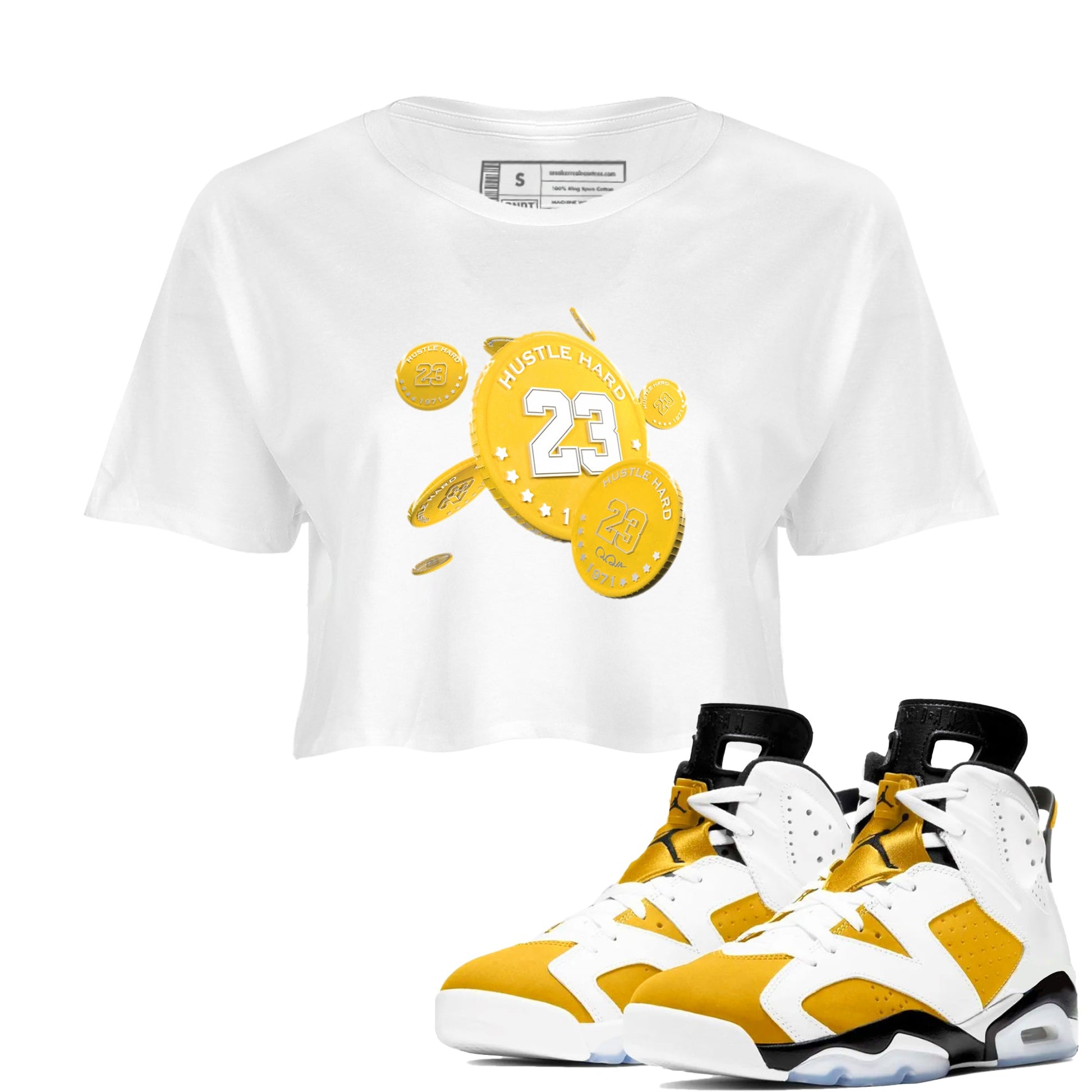 6s Yellow Ochre shirt to match jordans Coin Drop sneaker tees Air Jordan 6 Yellow Ochre SNRT Sneaker Release Tees White 1 Crop T-Shirt