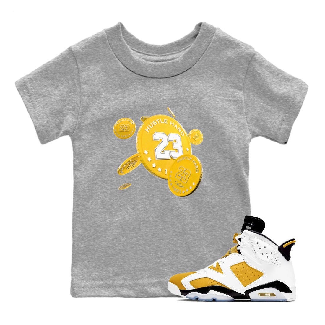 6s Yellow Ochre shirt to match jordans Coin Drop sneaker tees Air Jordan 6 Yellow Ochre SNRT Sneaker Release Tees Baby Toddler Heather Grey 1 T-Shirt