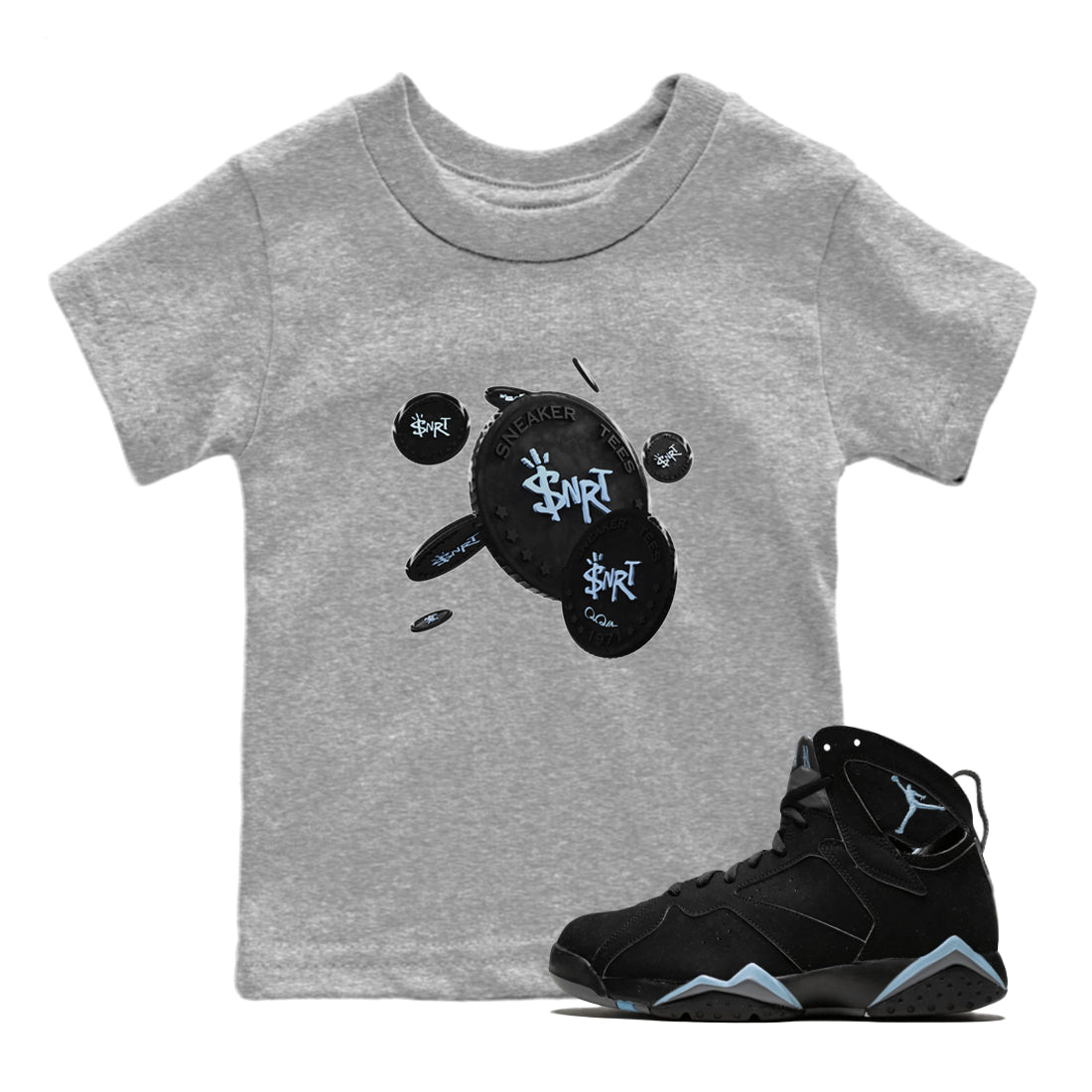 Air Jordan 7 Chambray Sneaker Match Tees Coin Drop Sneaker Tees AJ7 Chambray Sneaker Release Tees Kids Shirts Heather Grey 1