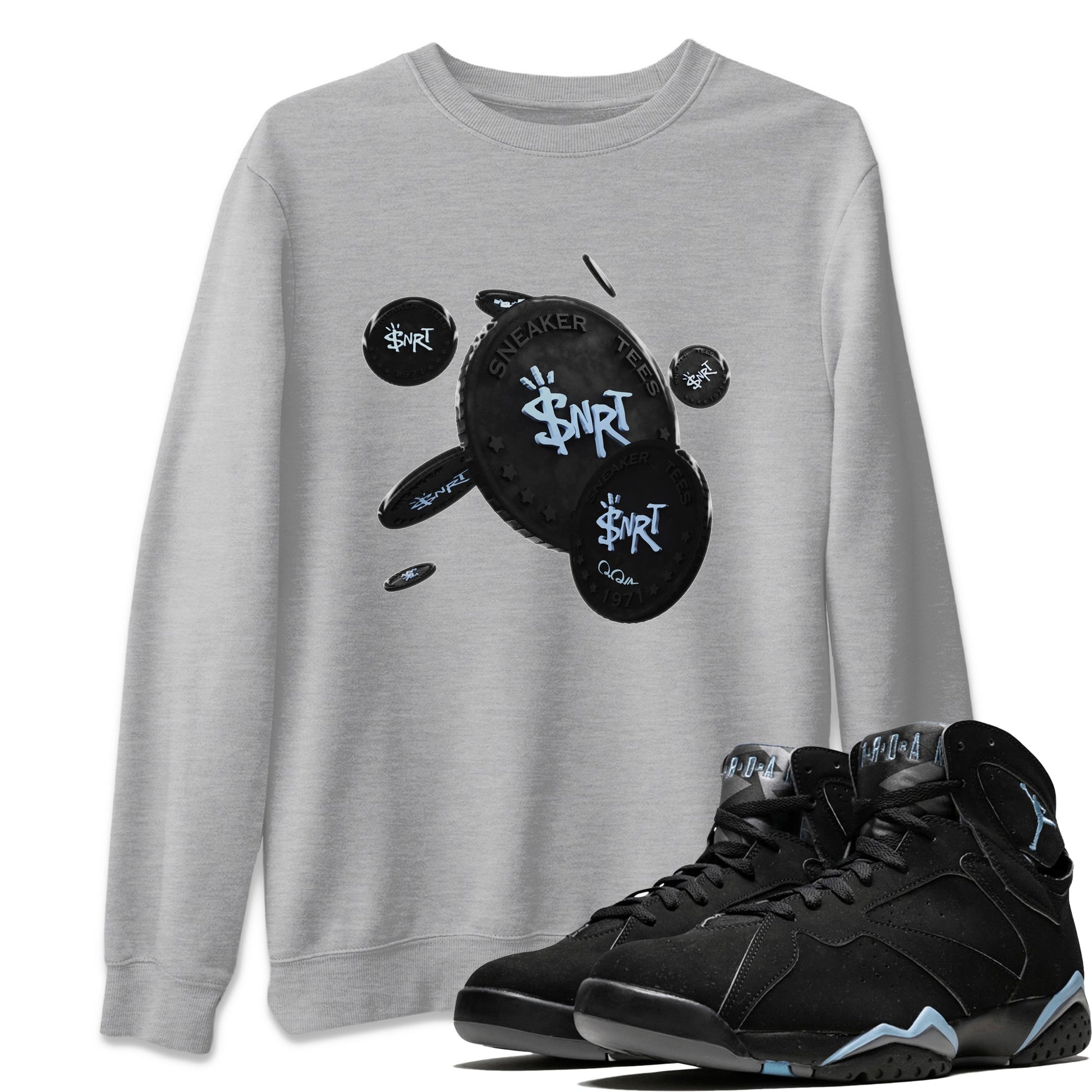 Air Jordan 7 Chambray Sneaker Match Tees Coin Drop Sneaker Tees AJ7 Chambray Sneaker Release Tees Unisex Shirts Heather Grey 1