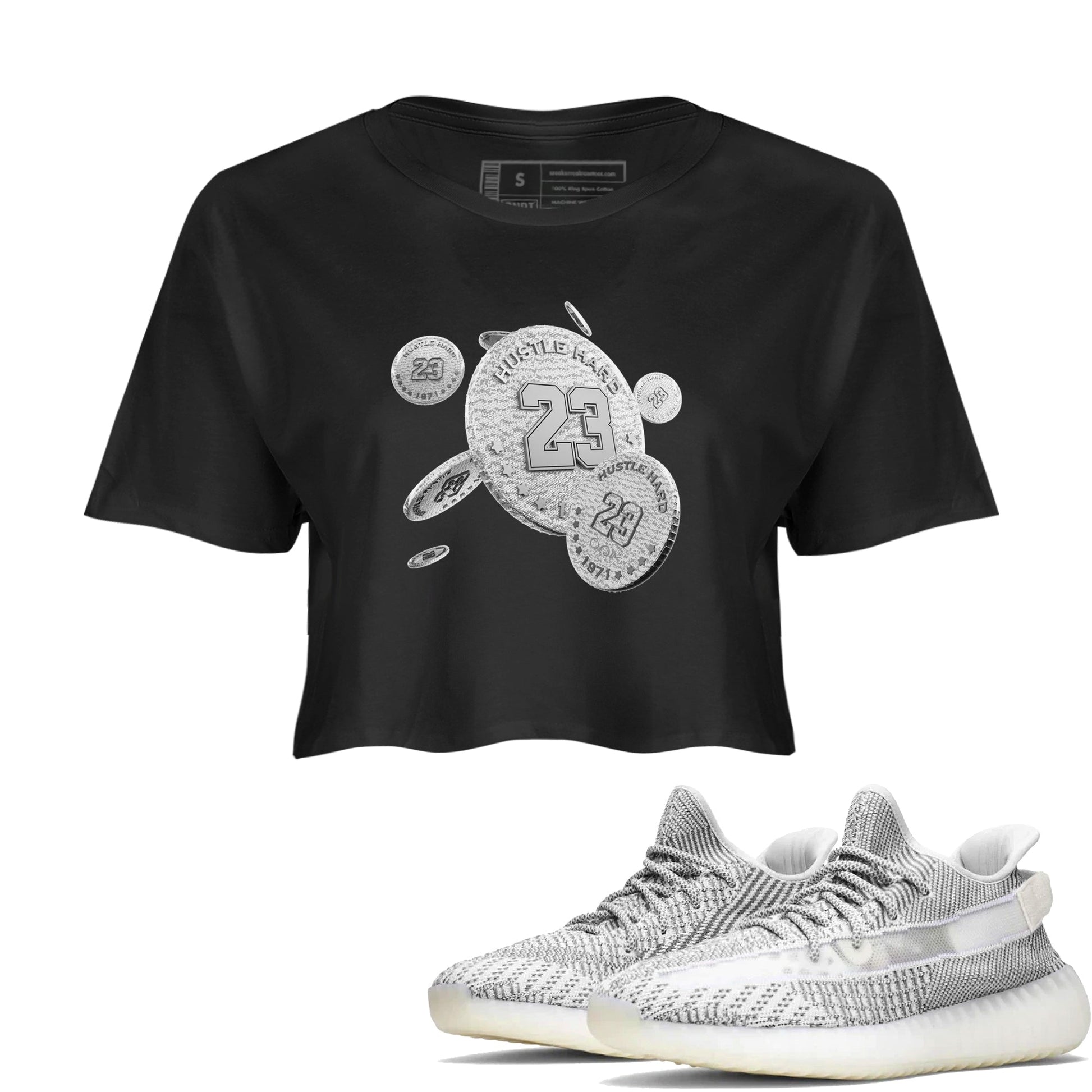 Yeezy 350 Static shirt to match jordans Coin Drop sneaker tees Adidas Yeezy 350 Static SNRT Sneaker Release Tees Black 1 Crop T-Shirt
