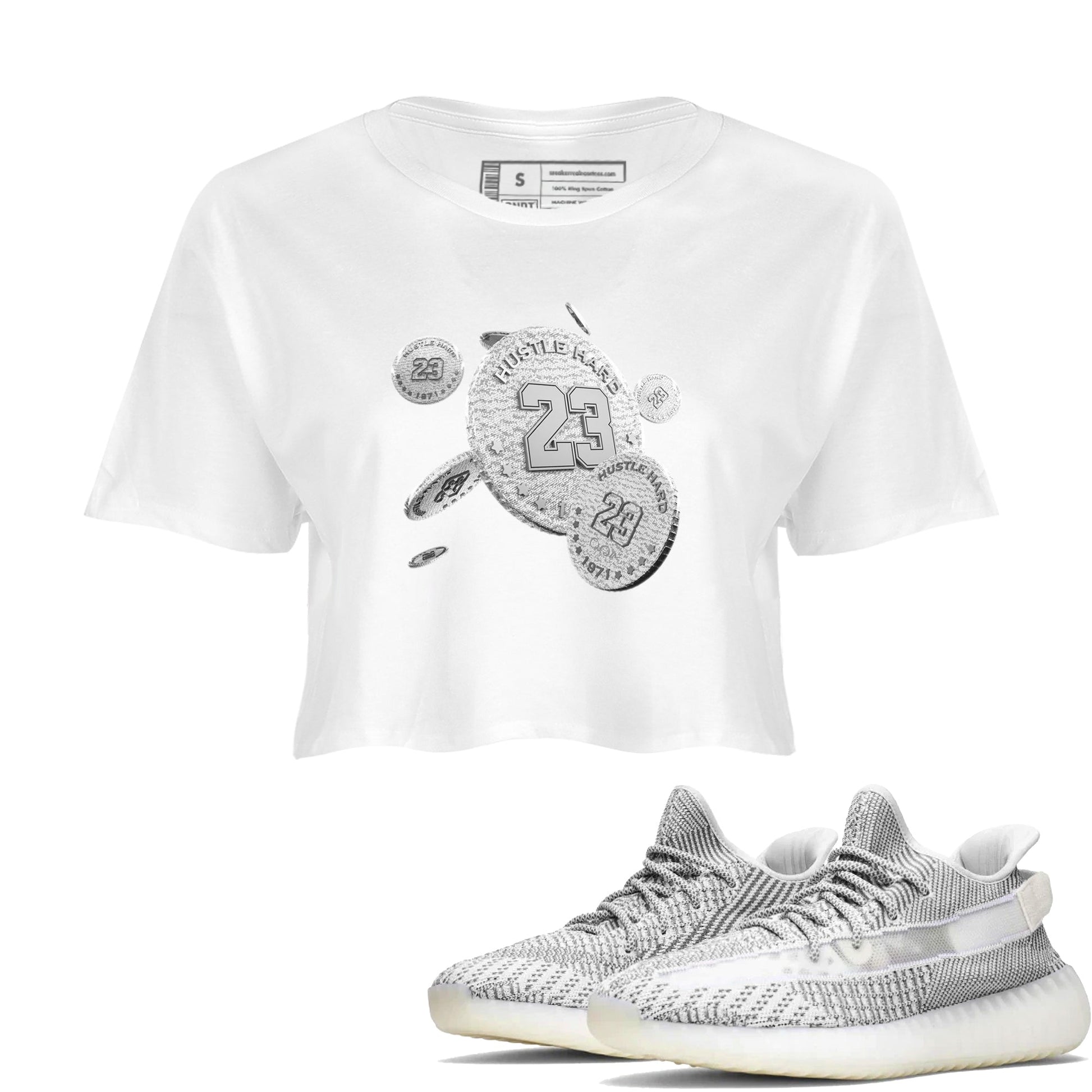 Yeezy 350 Static shirt to match jordans Coin Drop sneaker tees Adidas Yeezy 350 Static SNRT Sneaker Release Tees White 1 Crop T-Shirt