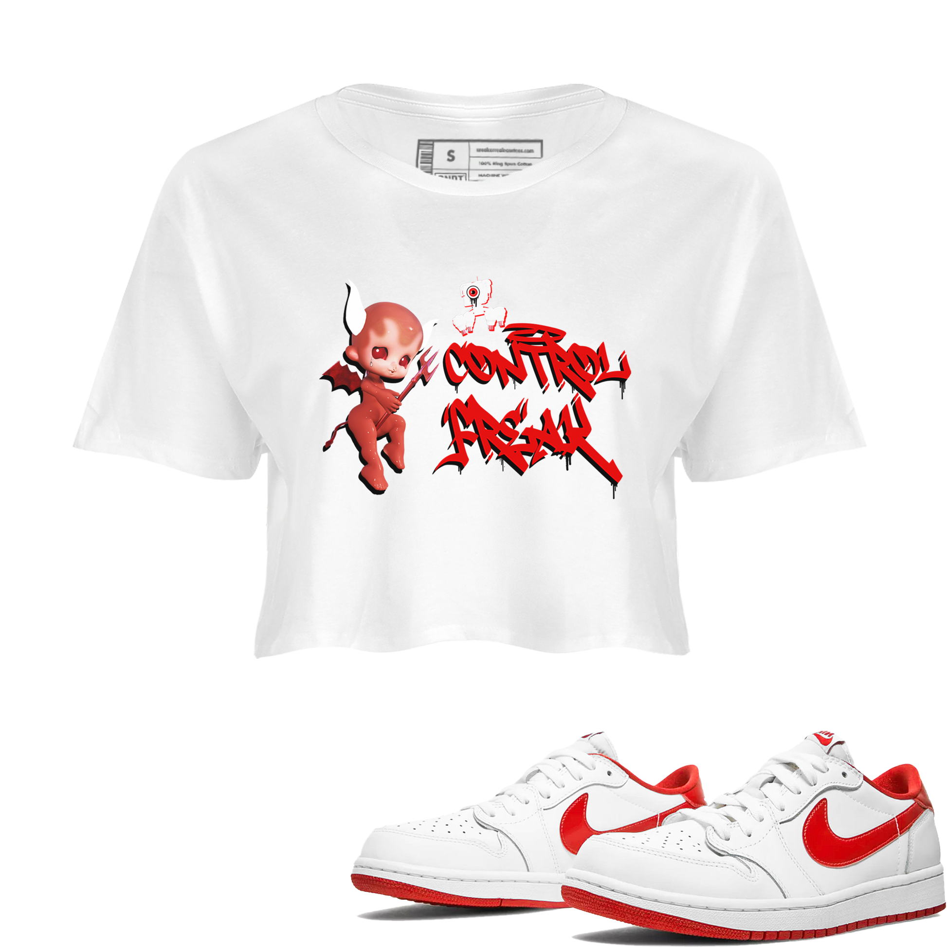 Air Jordan 1 University Red shirt to match jordans Control Freak sneaker tees Air Jordan 1 University Red SNRT Sneaker Tees Casual Crew Neck T-Shirt White 1 Crop T-Shirt