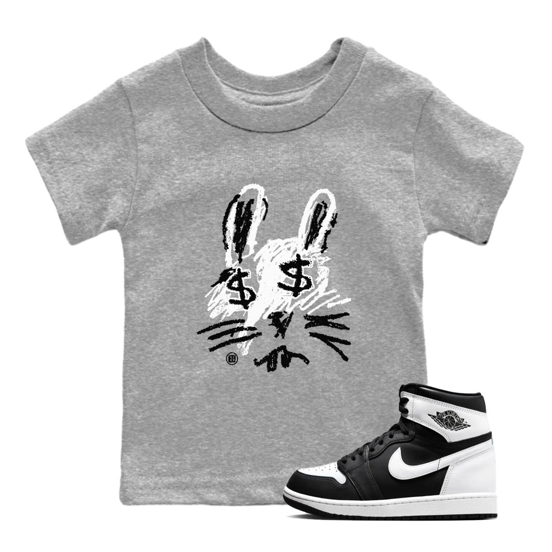 1s Black White shirt to match jordans Crayon Bunny sneaker tees Air Jordan 1 Black White SNRT sneaker release tees baby toddler Heather Grey 1 cotton Shirt