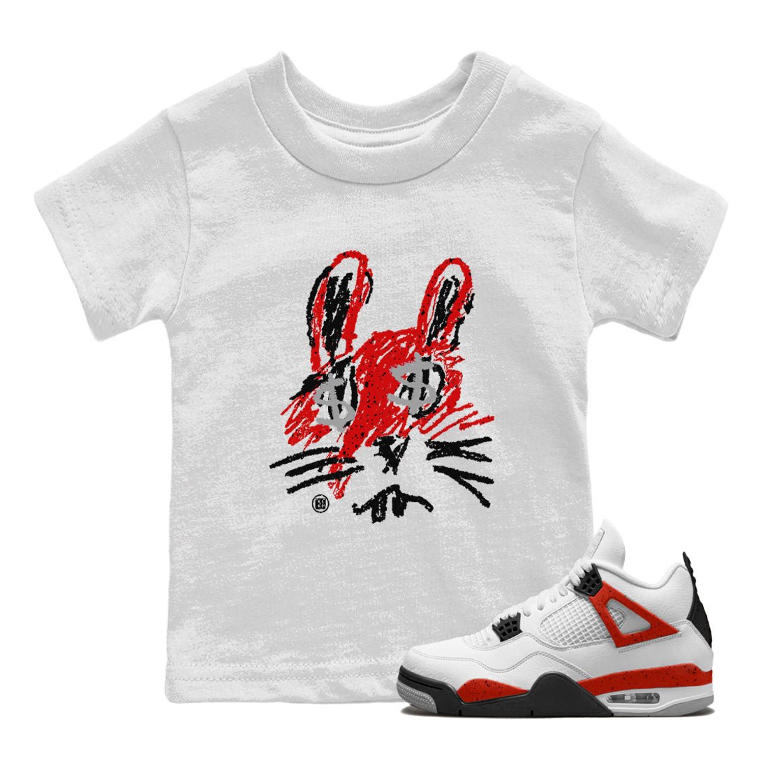 Air Jordan 4 Red Cement Sneaker Match Tees Crayon Bunny Sneaker Tees AJ4 Red Cement Sneaker Release Tees Kids Shirts White 1