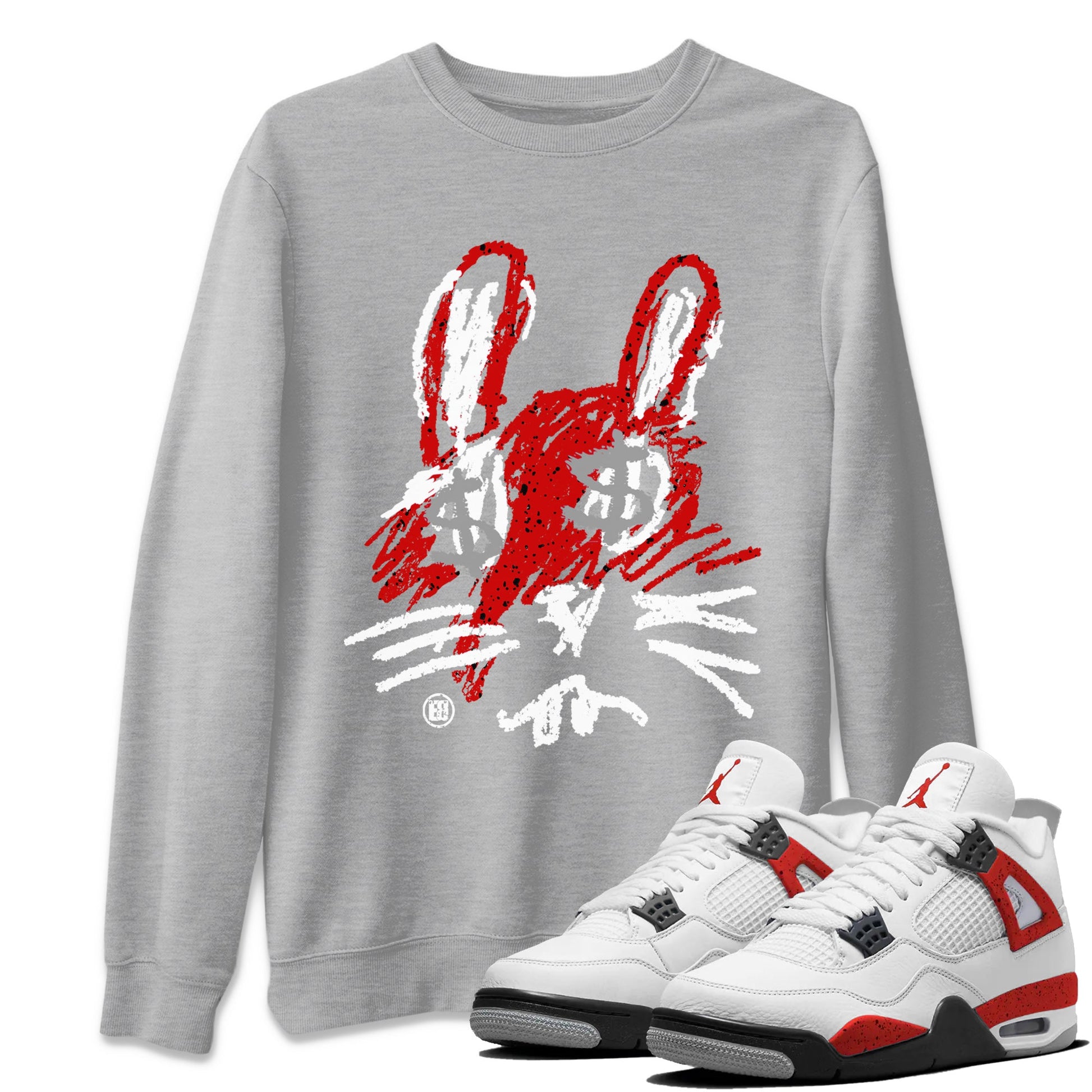 Air Jordan 4 Red Cement Sneaker Match Tees Crayon Bunny Sneaker Tees AJ4 Red Cement Sneaker Release Tees Unisex Shirts Heather Grey 1