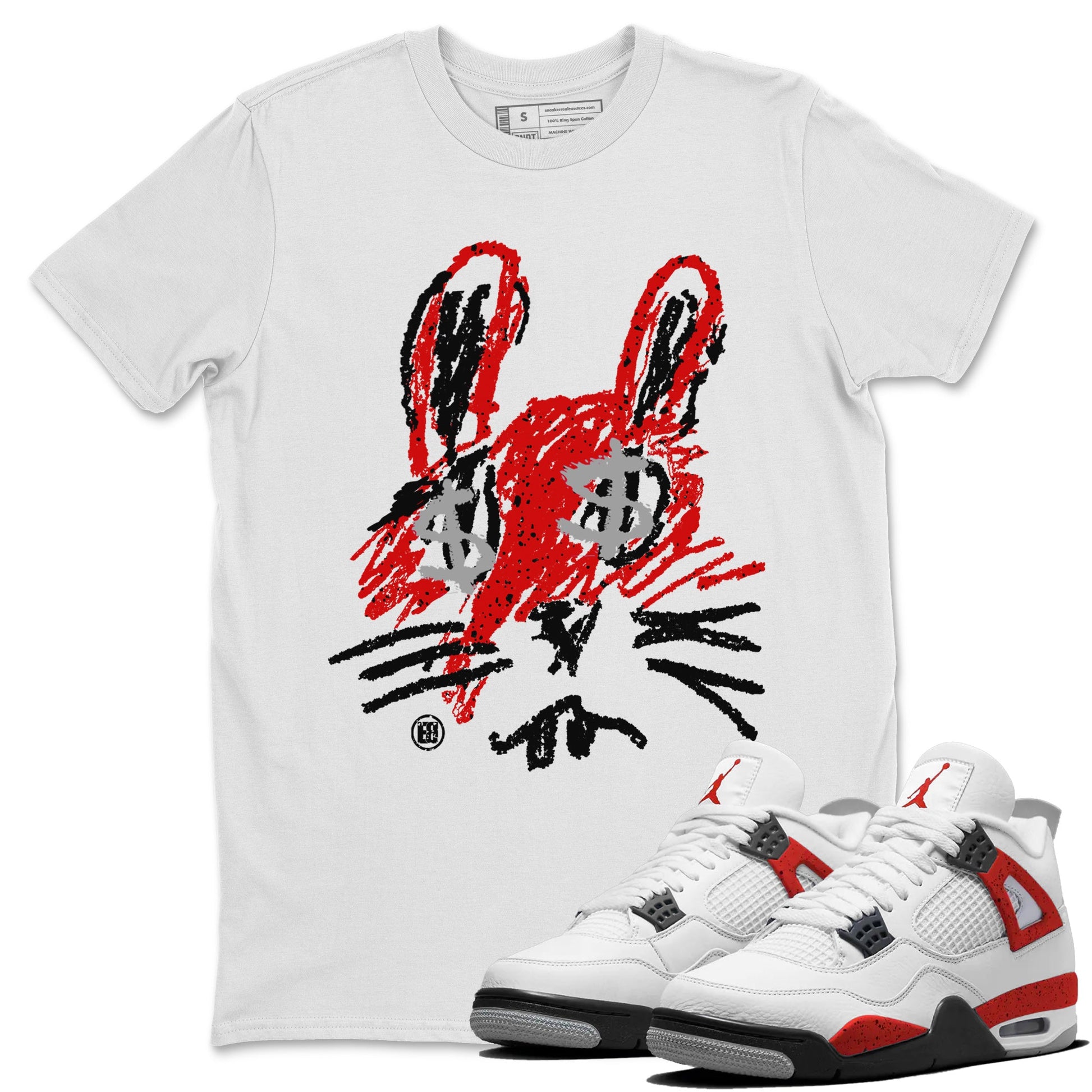 Air Jordan 4 Red Cement Sneaker Match Tees Crayon Bunny Sneaker Tees AJ4 Red Cement Sneaker Release Tees Unisex Shirts White 1
