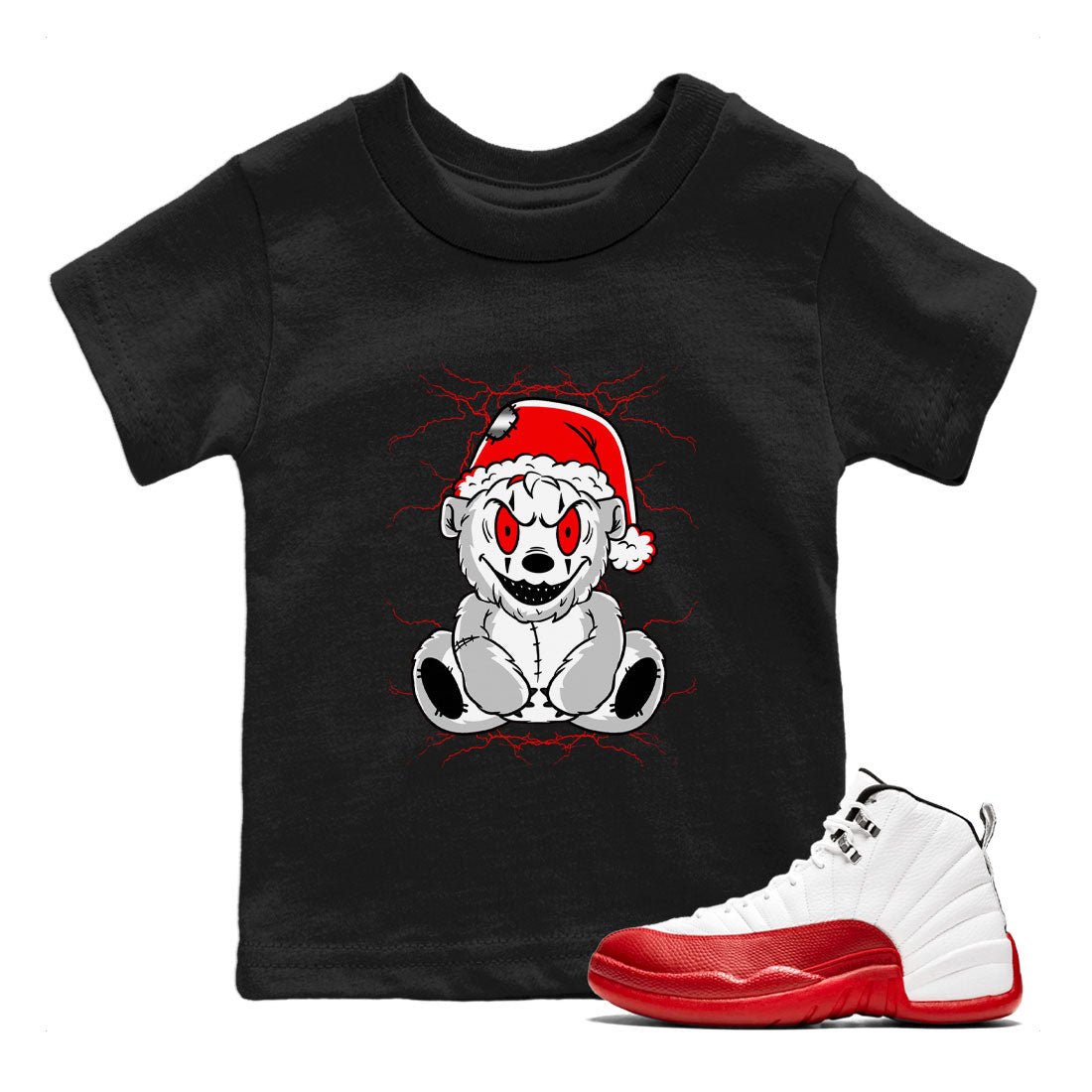 Air Jordan 12 Cherry shirt to match jordans Creepy Bear sneaker matching t-shirt 12s Cherry SNRT Sneaker Release Tees Baby Toddler Black 1 T-Shirt