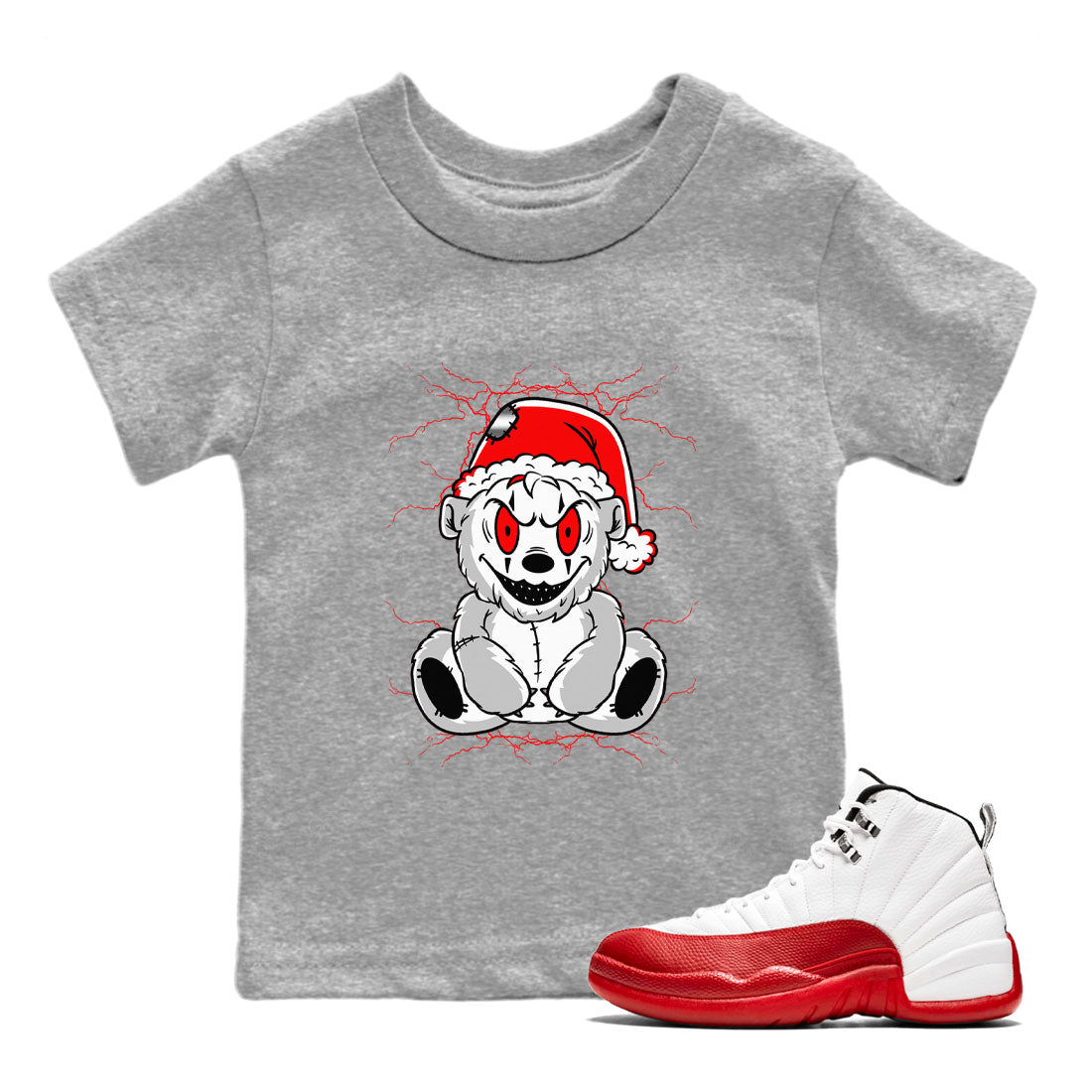 Air Jordan 12 Cherry shirt to match jordans Creepy Bear sneaker matching t-shirt 12s Cherry SNRT Sneaker Release Tees Baby Toddler Heather Grey 1 T-Shirt