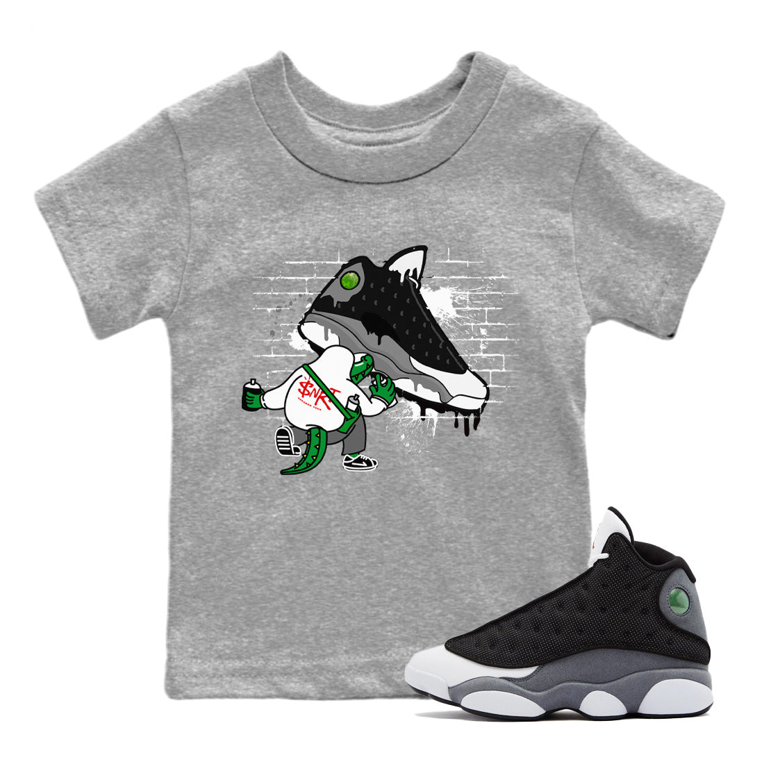 Air Jordan 13 Black Flint Sneaker Match Tees Crocodile Artist Sneaker Tees Air Jordan 13 Retro Black Flint Sneaker Release Tees Kids Shirts Heather Grey 1