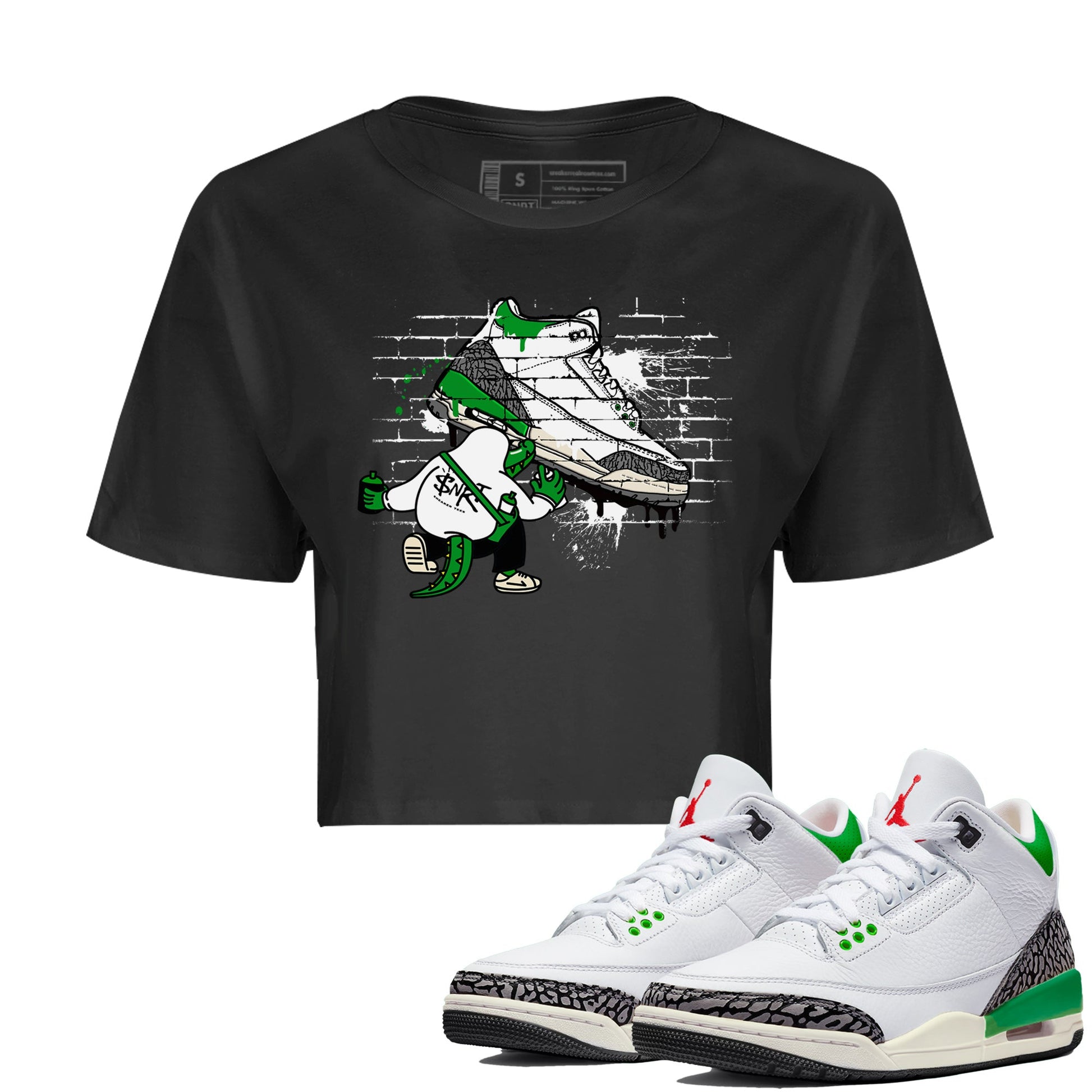 AJ3 Lucky Green Sneaker Match Tees Crocodile Artist Sneaker Tees Air Jordan 3 Lucky Green Sneaker Release Tees Women's Shirts Black 1